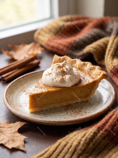 Pumpkin Pie Slice Photo With Whipped Cream