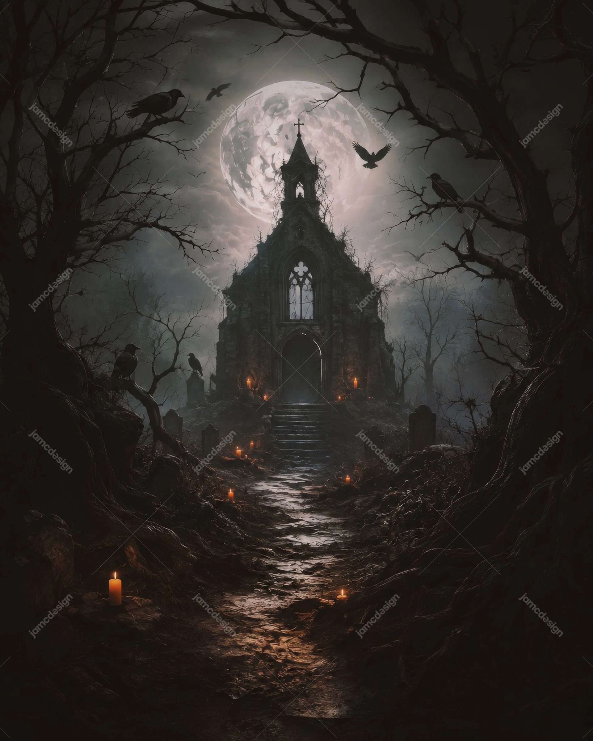 Gothic Chapel Full Moon Halloween Background. JPG background showing a gothic chapel beneath a full moon