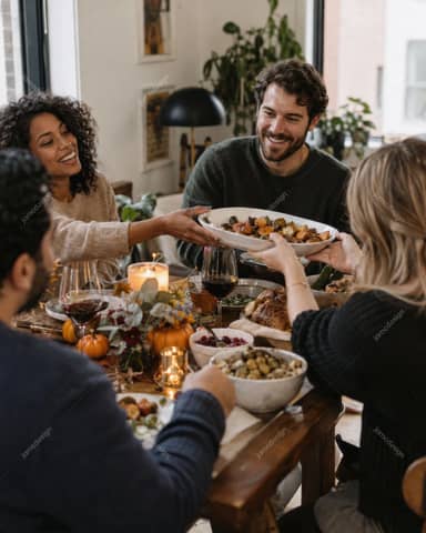 Friends Sharing Thanksgiving Dinner At Home