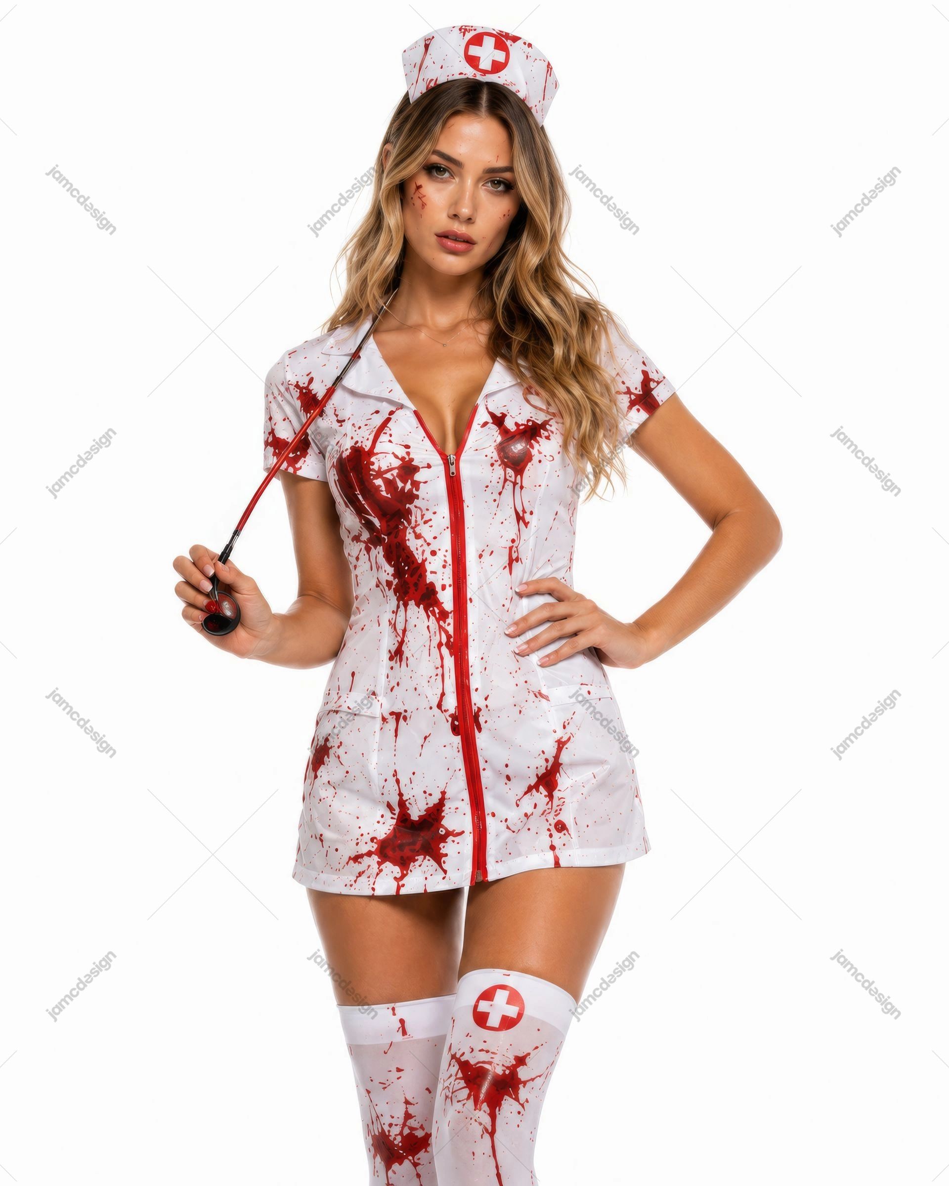 Foto De Fantasia De Enfermeira Sangrenta Halloween Mulher. Foto JPG de uma mulher com uma fantasia de enfermeira branca respingada de manchas vermelhas