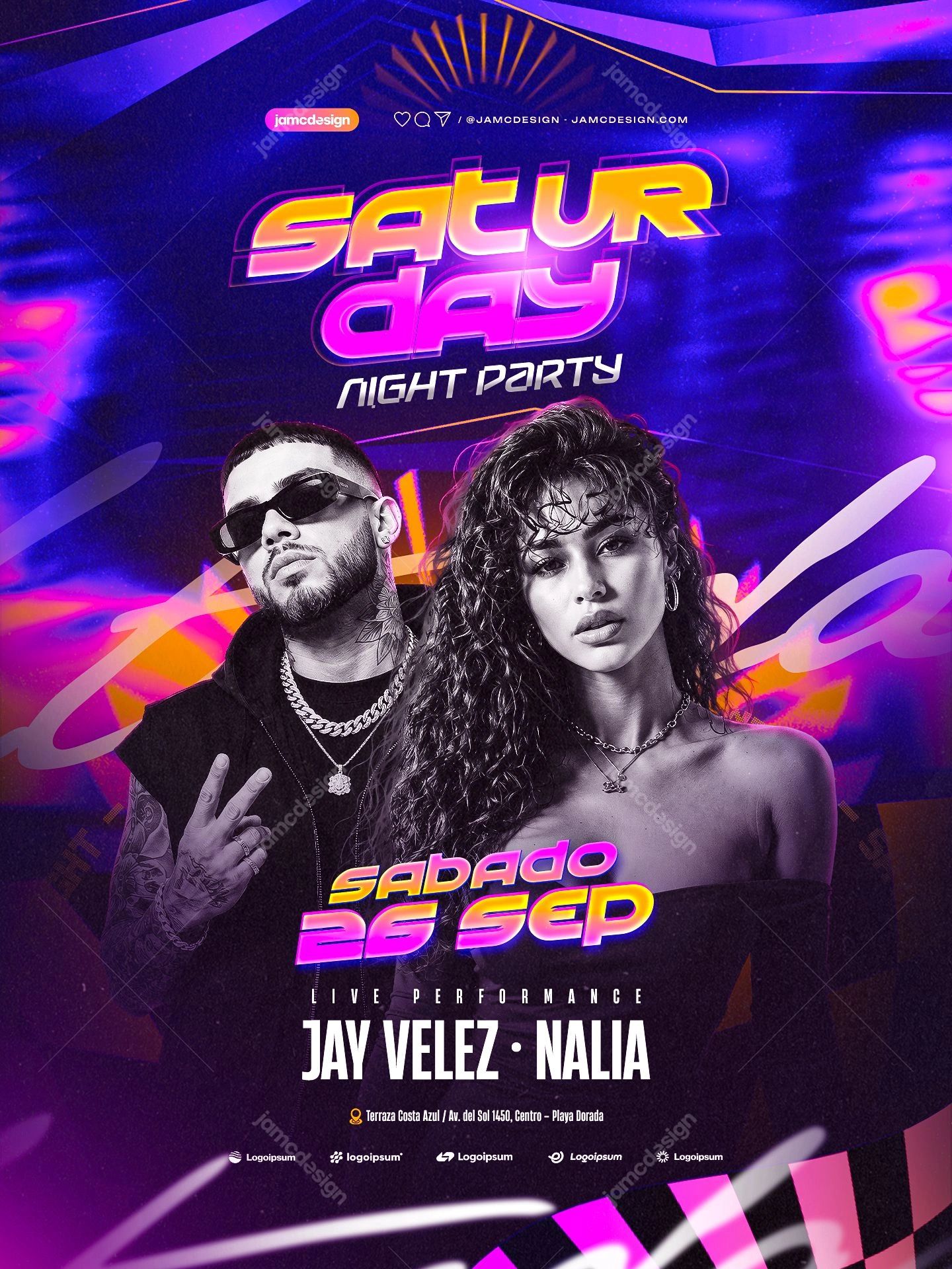Saturday Night Neon Performer Duo Flyer PSD. Editable PSD event flyer template featuring a man and woman performer duo, bold condensed lettering