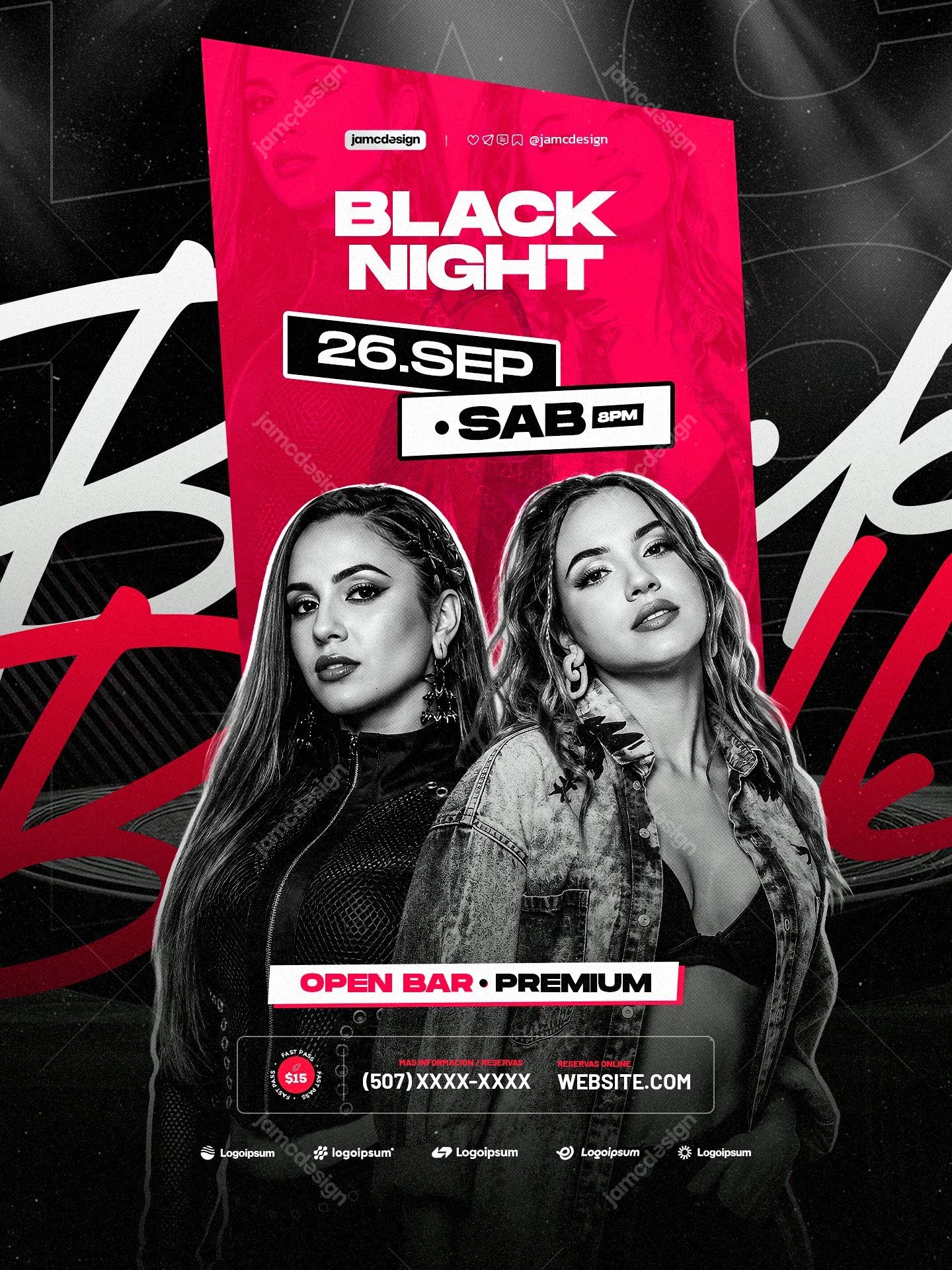 Plantilla De Flyer Noche Negra Con Retratos En Magenta PSD. Plantilla de flyer de evento editable en PSD, con retratos en escala de grises de dos mujeres