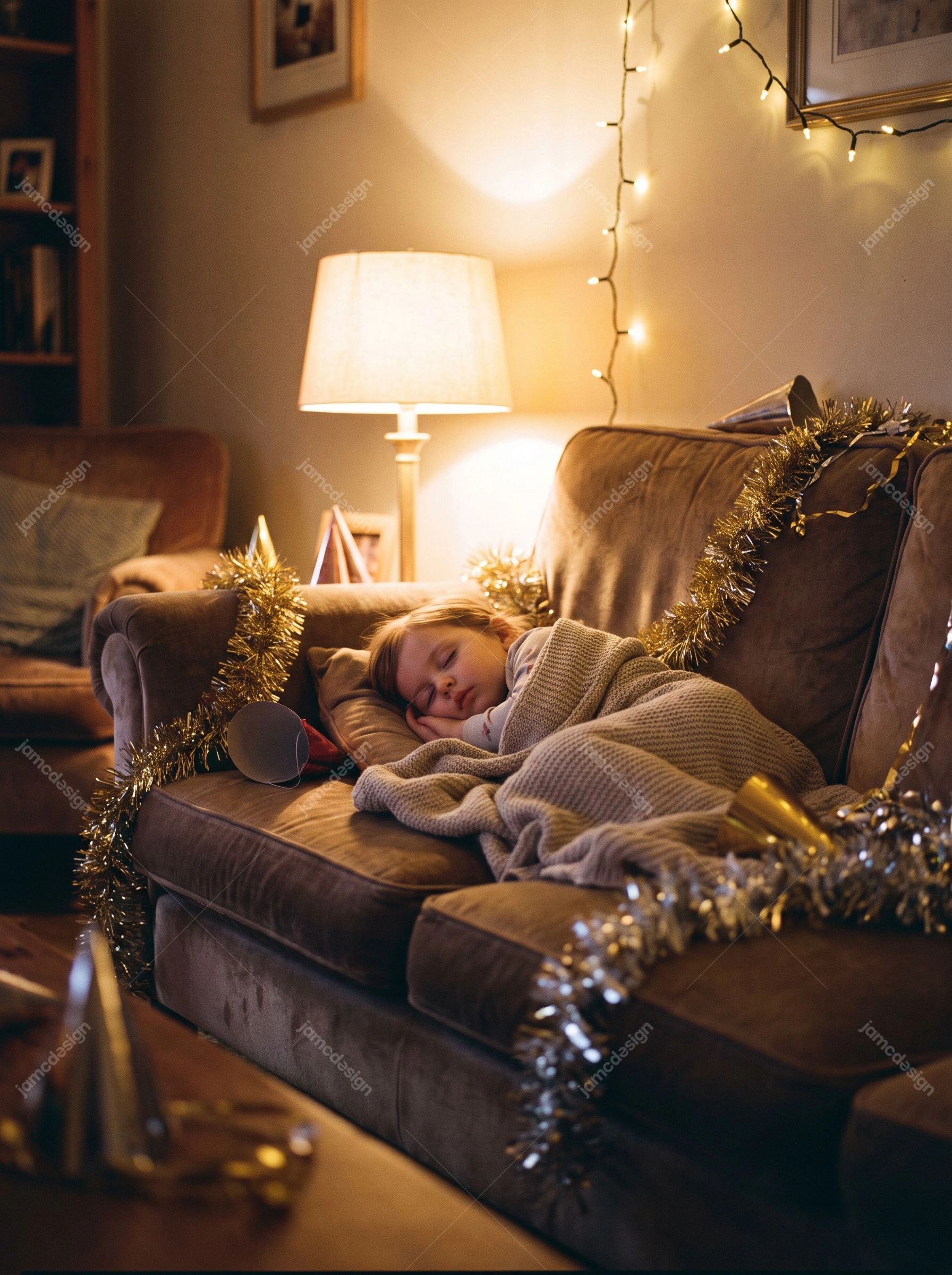 Sleeping Child On Sofa With Gold Tinsel. Download this realistic JPG photo of a sleeping child curled on a sofa, surrounded by gold tinsel
