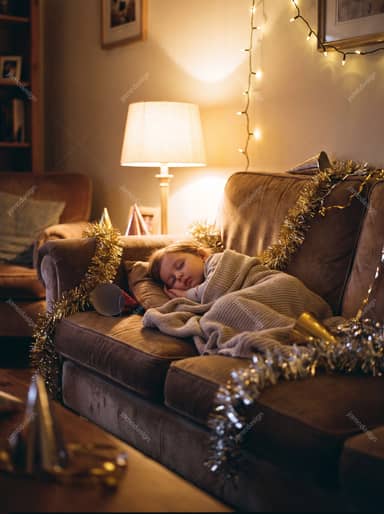 Sleeping Child On Sofa With Gold Tinsel