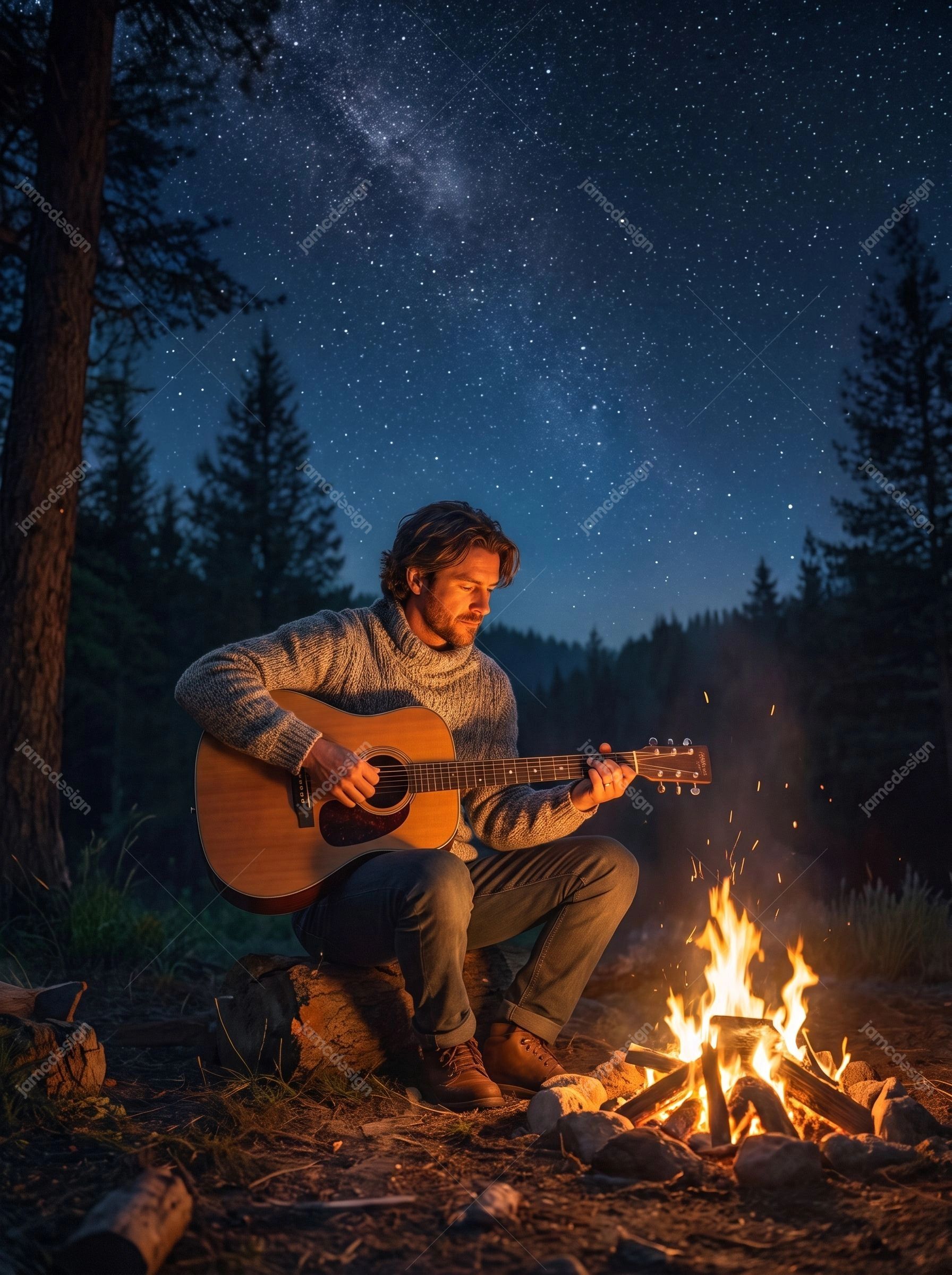 Man Playing Acoustic Guitar By Campfire Under Starry Sky. JPG photo of a man playing an acoustic guitar beside a glowing campfire in a forest at night