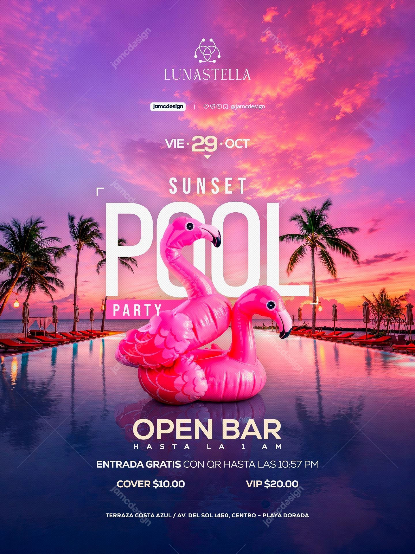 Sunset Pool Party Neon Flamingos Flyer PSD. Editable PSD template for a sunset pool party flyer, showing two bright pink inflatable flamingos in a reflective