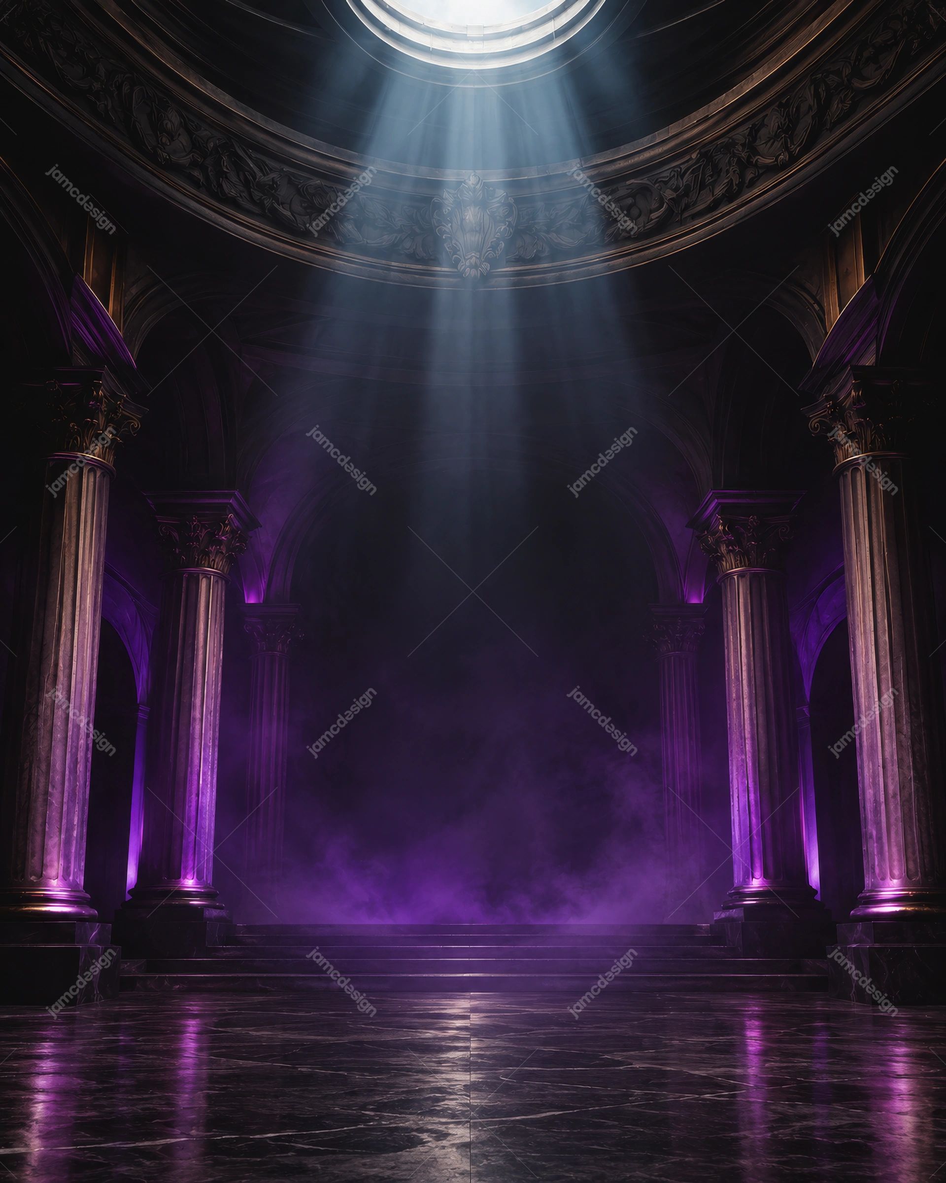 Dark Gothic Hall Background With Circular Skylight PNG. Download this PNG background of an ornate classical hall