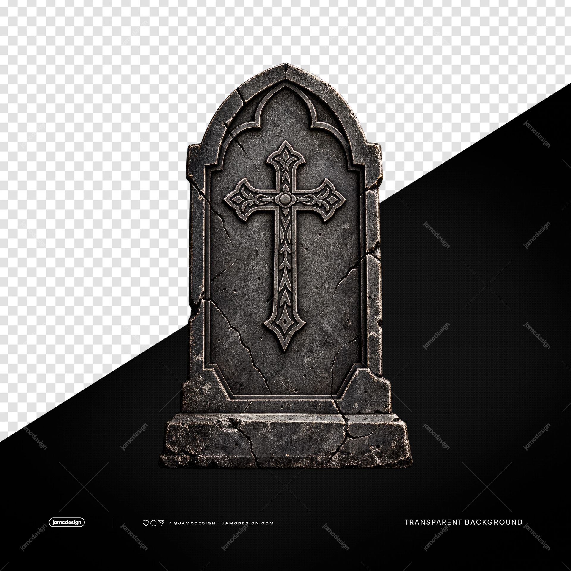 Weathered Stone Tombstone With Ornate Cross PNG. This PNG transparent object features a weathered stone tombstone with a raised ornate cross and cracked