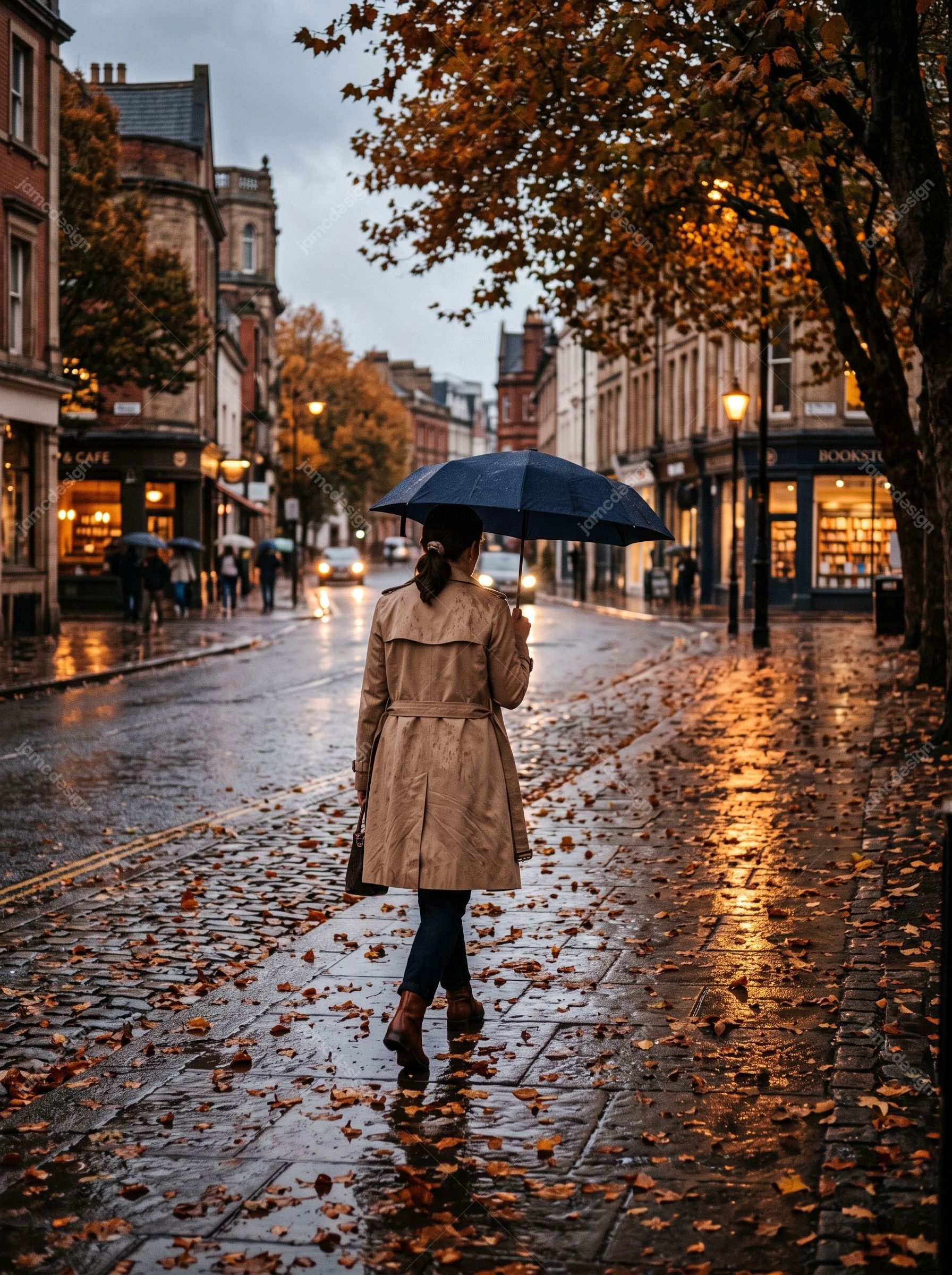 Mulher Caminhando Com Guarda-Chuva Em Rua Urbana Outonal. Foto JPG de uma mulher caminhando com um guarda-chuva por uma rua urbana encharcada pela chuva