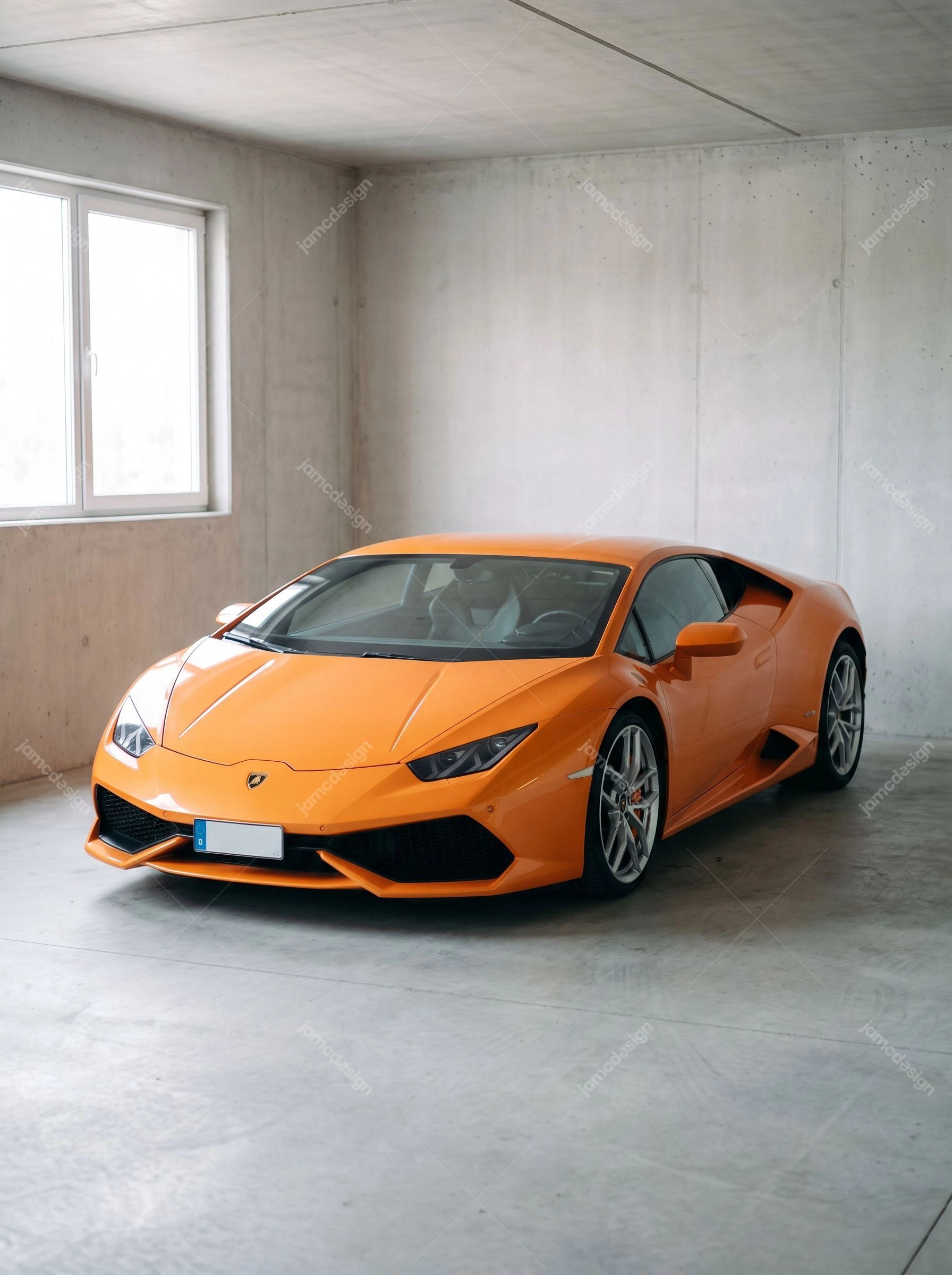 Orange Lamborghini Huracán In A Concrete Garage. This JPG photo features an orange sports car parked in a bright concrete garage