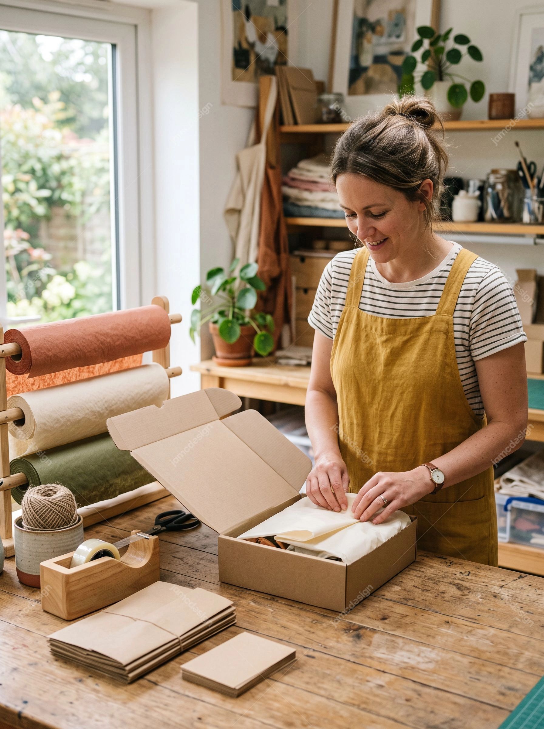 Woman Packing A Shipping Box In Craft Studio. Download this JPG photo of a woman packing a cardboard shipping box in a bright craft studio