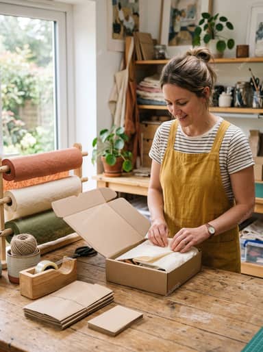 Woman Packing A Shipping Box In Craft Studio