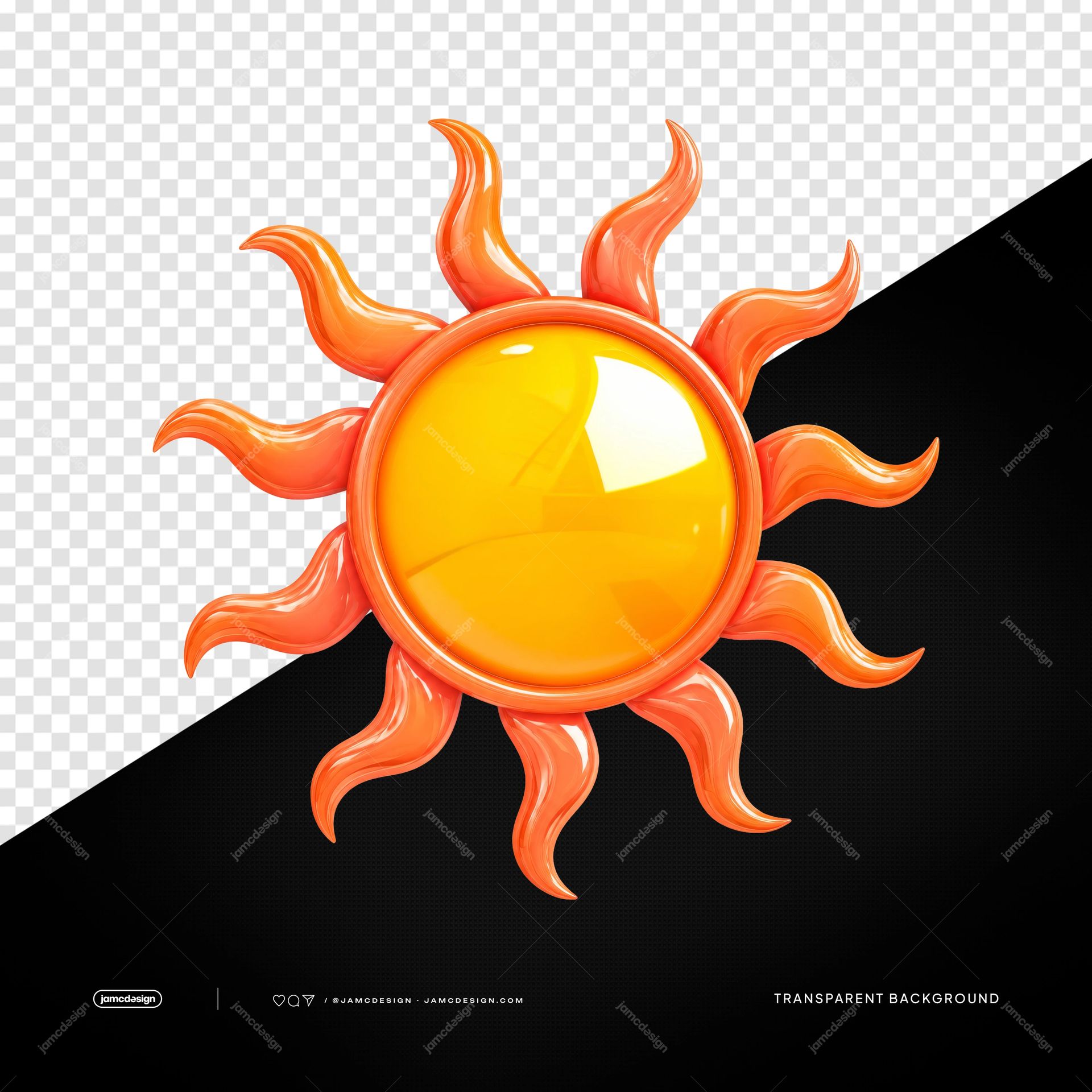 3D Radiant Sun Icon PNG Transparent Background. Glossy 3D sun illustration supplied as a PNG transparent object