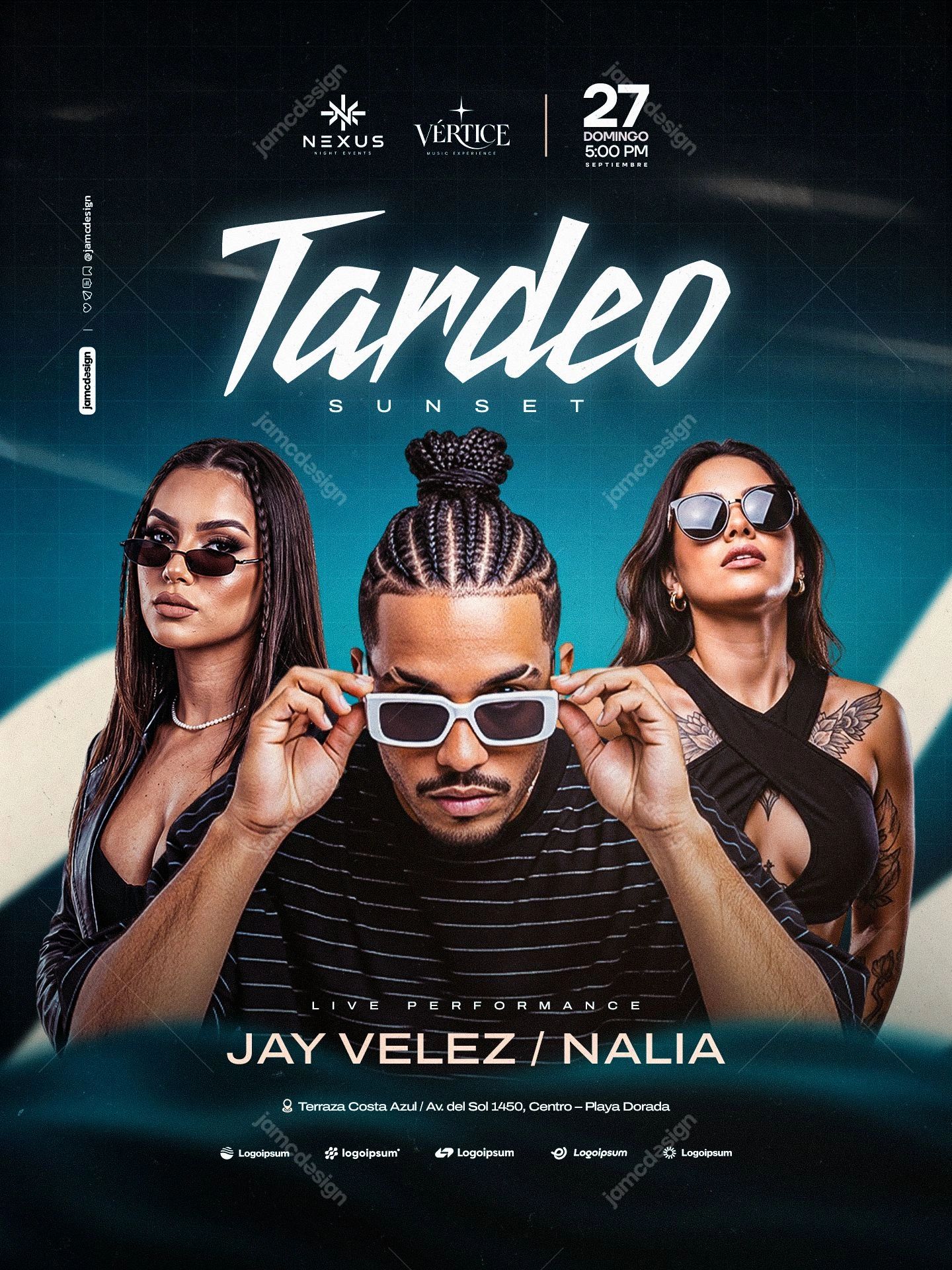 Tardeo Sunset Nightlife Event Flyer PSD. Download this editable PSD event flyer featuring three fashion styled models in sunglasses against a dark teal glow