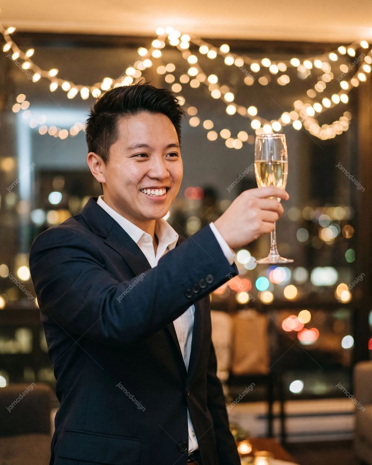 Smiling Man Toasting Champagne Beneath Festive Bokeh Lights