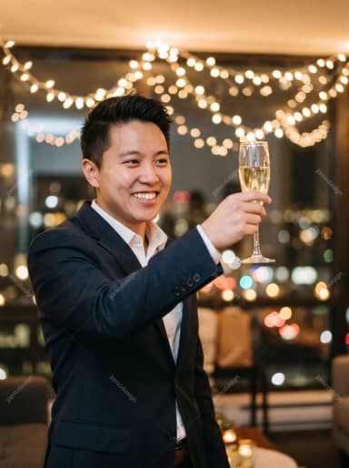 Smiling Man Toasting Champagne Beneath Festive Bokeh Lights