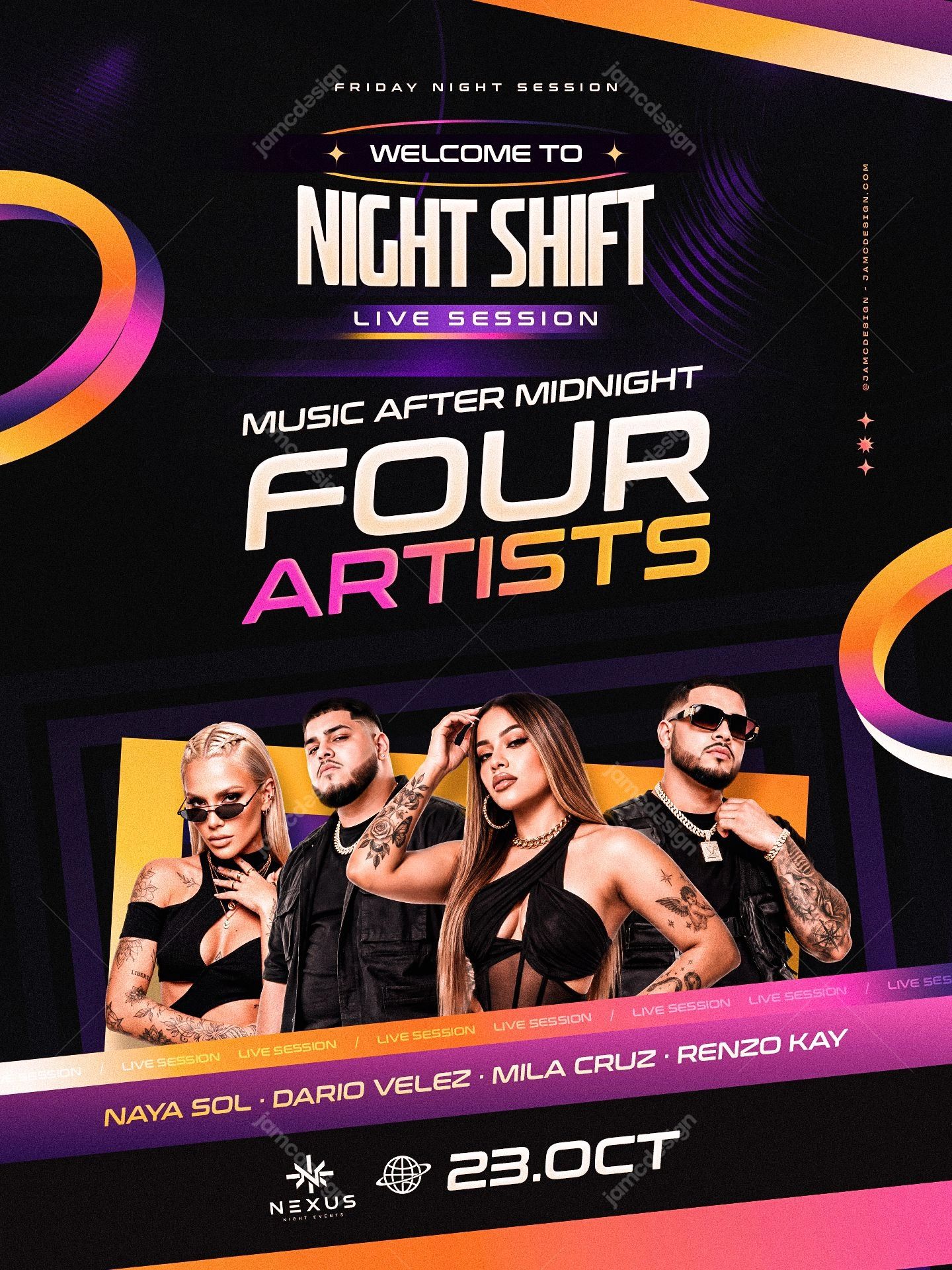 Night Shift Live Session Flyer Template PSD. Download this PSD event flyer featuring four fashion styled figures in a framed photo