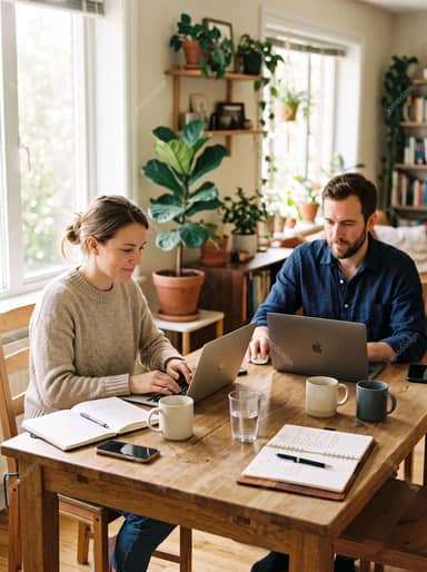 Couple Working Together At Home At A Wooden Table