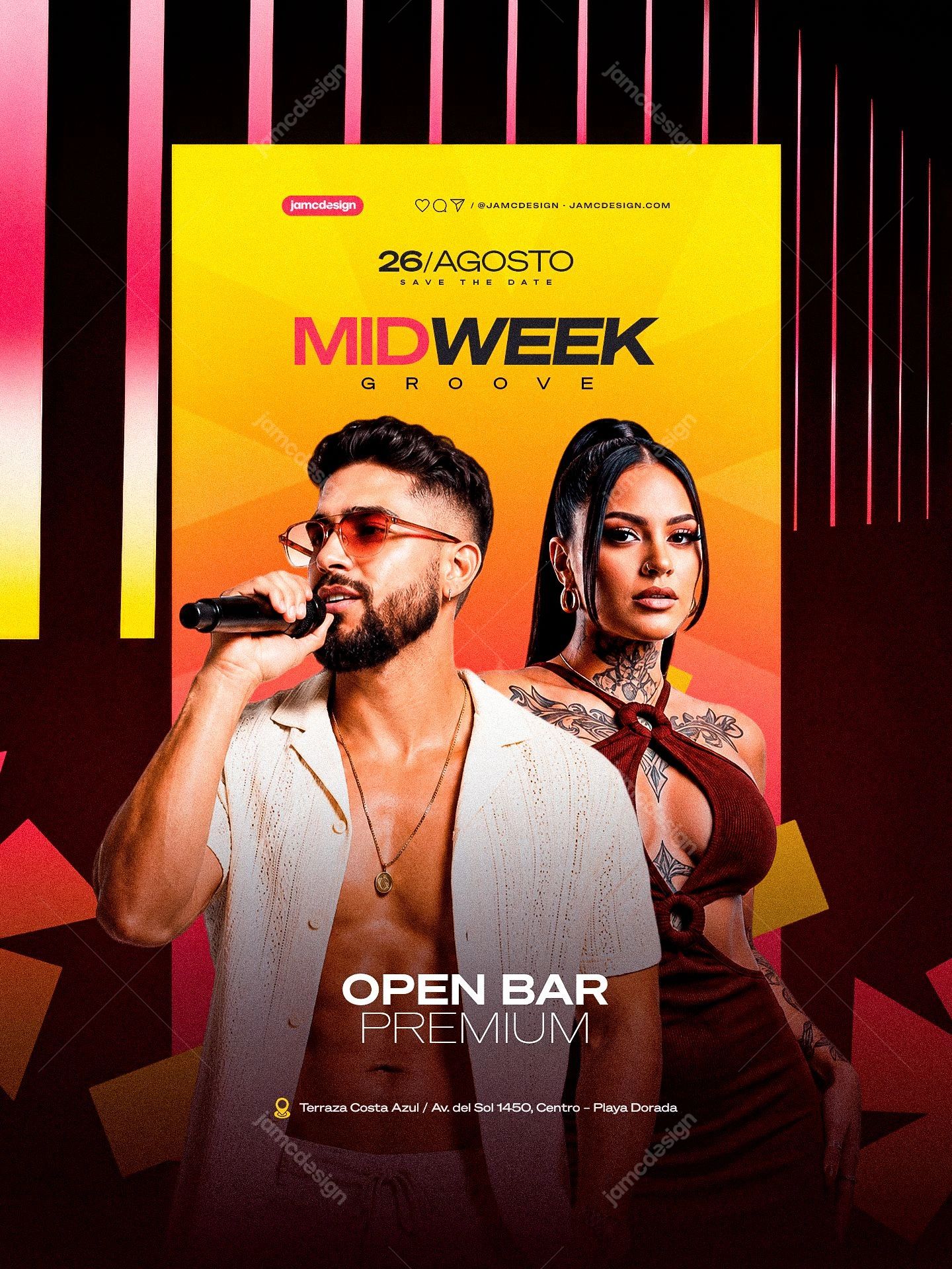 Midweek Groove Flyer PSD Template Editable. Editable PSD event flyer template for a midweek nightlife promotion