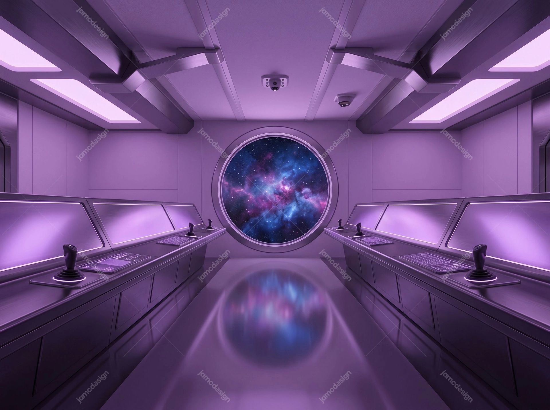 Symmetrical Purple Spaceship Control Room Background. Download this JPG background showing a symmetrical purple spaceship interior with illuminated control