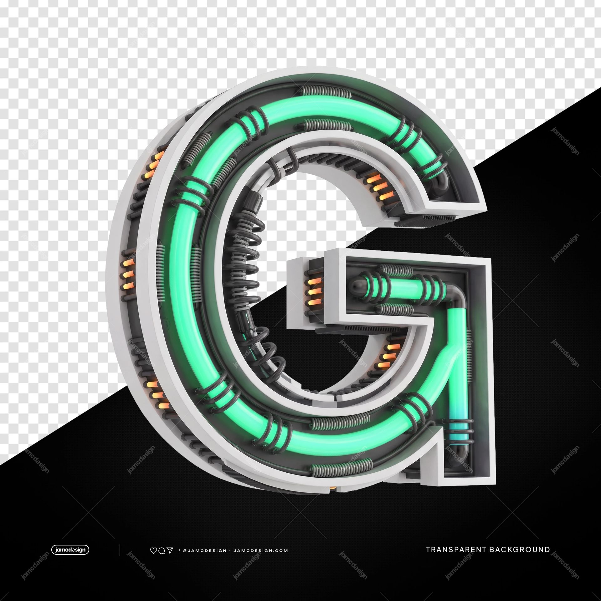 3D Futuristic Industrial Neon Letter G PNG Transparent Background. 3D futuristic neon letter G supplied as a PNG transparent object