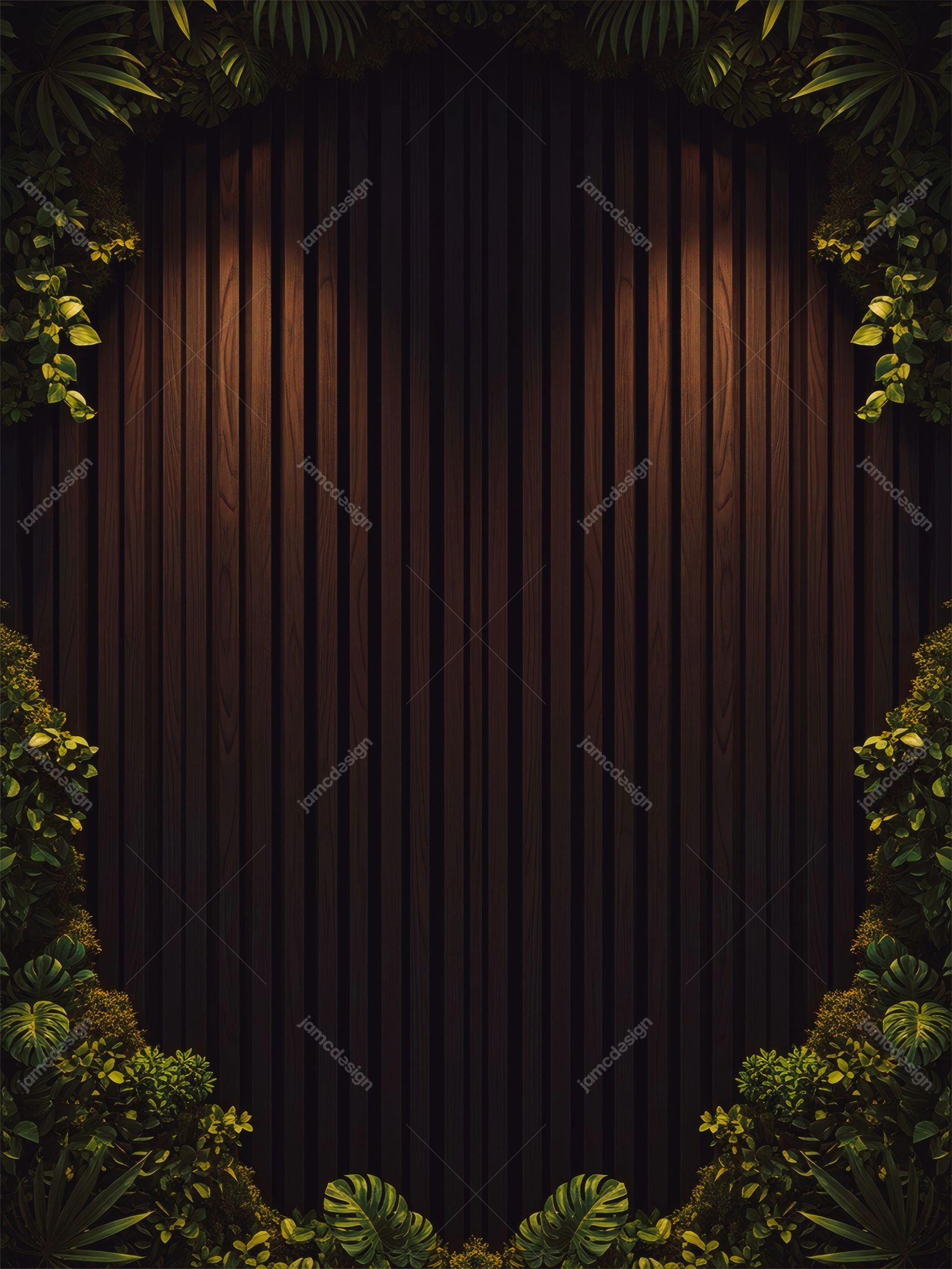 Dark Wood Slat Background With Tropical Foliage. This JPG background pairs dark wooden slats with leafy tropical foliage framing the edges