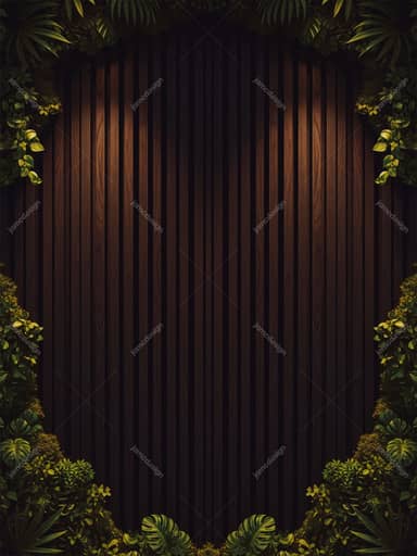 Dark Wood Slat Background With Tropical Foliage