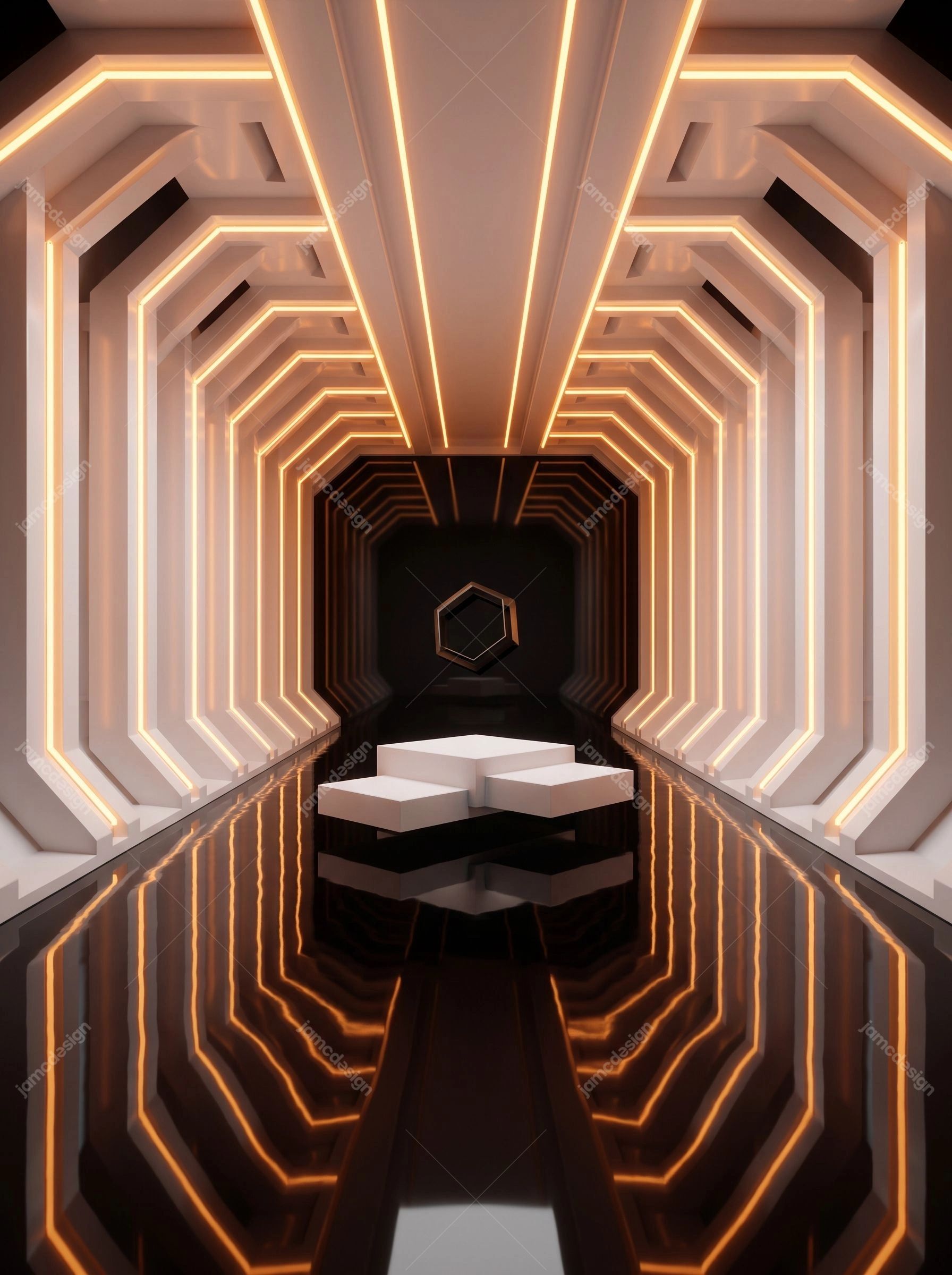 Futuristic Neon Archway Corridor Background. Download this JPG background showing a futuristic sci-fi corridor with repeating orange neon archways