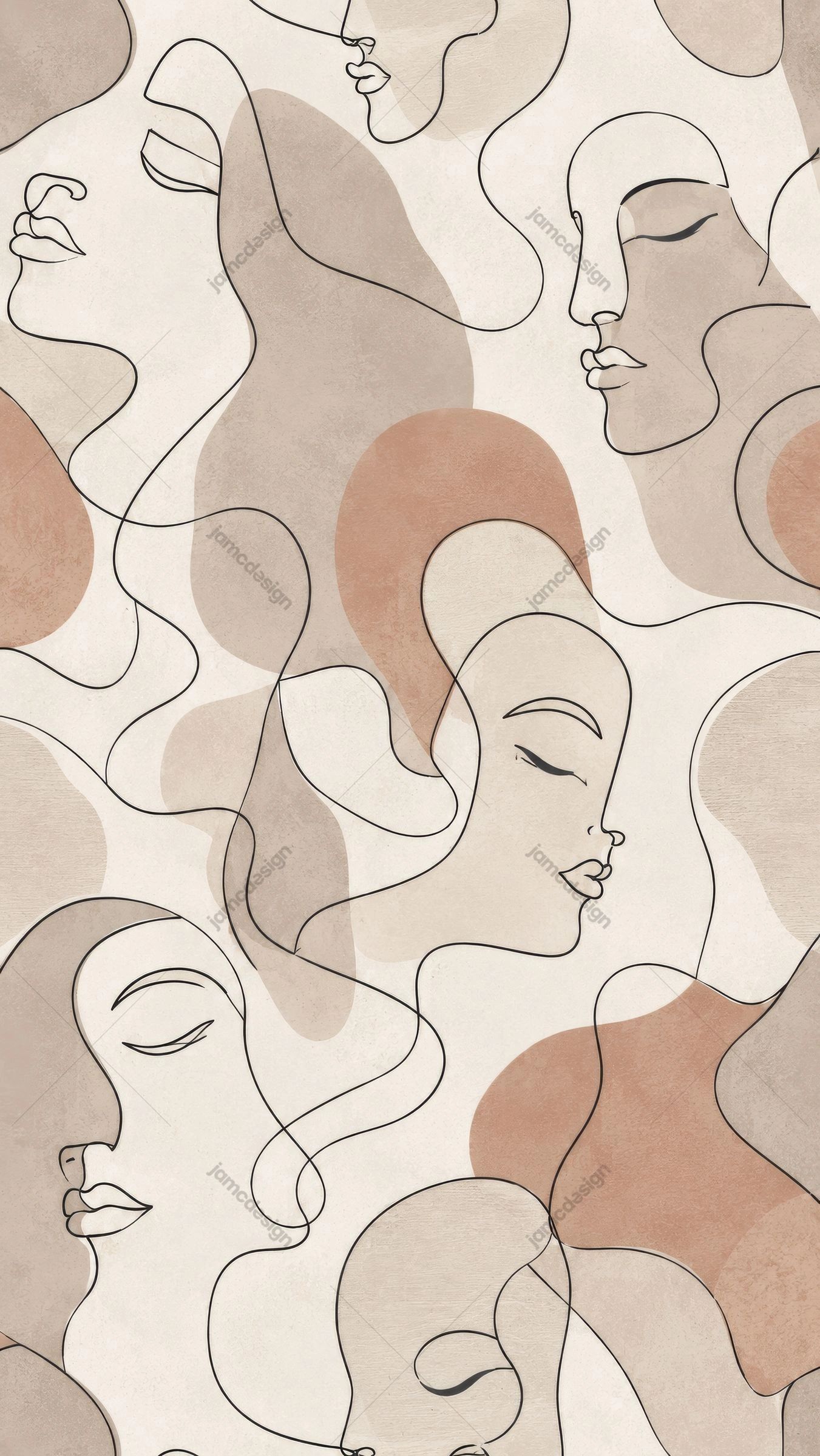 Minimal Line Art Faces Abstract Pattern. Abstract line art pattern in JPG format, showing overlapping female faces and flowing contours across soft beige