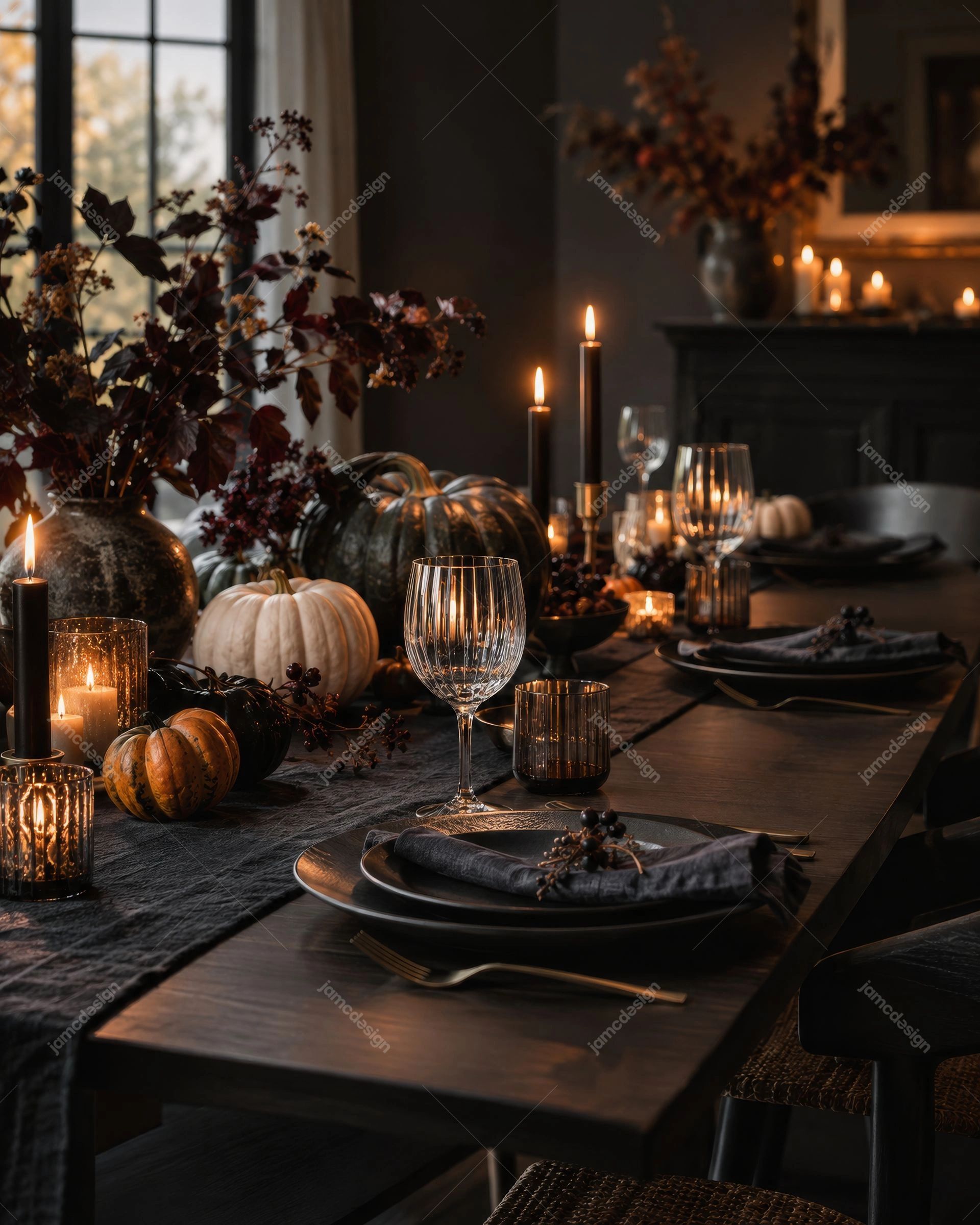 Elegante Mesa De Halloween Com Abóboras À Luz De Velas. Baixe esta foto JPG de uma mesa de jantar de Halloween decorada com abóboras, velas