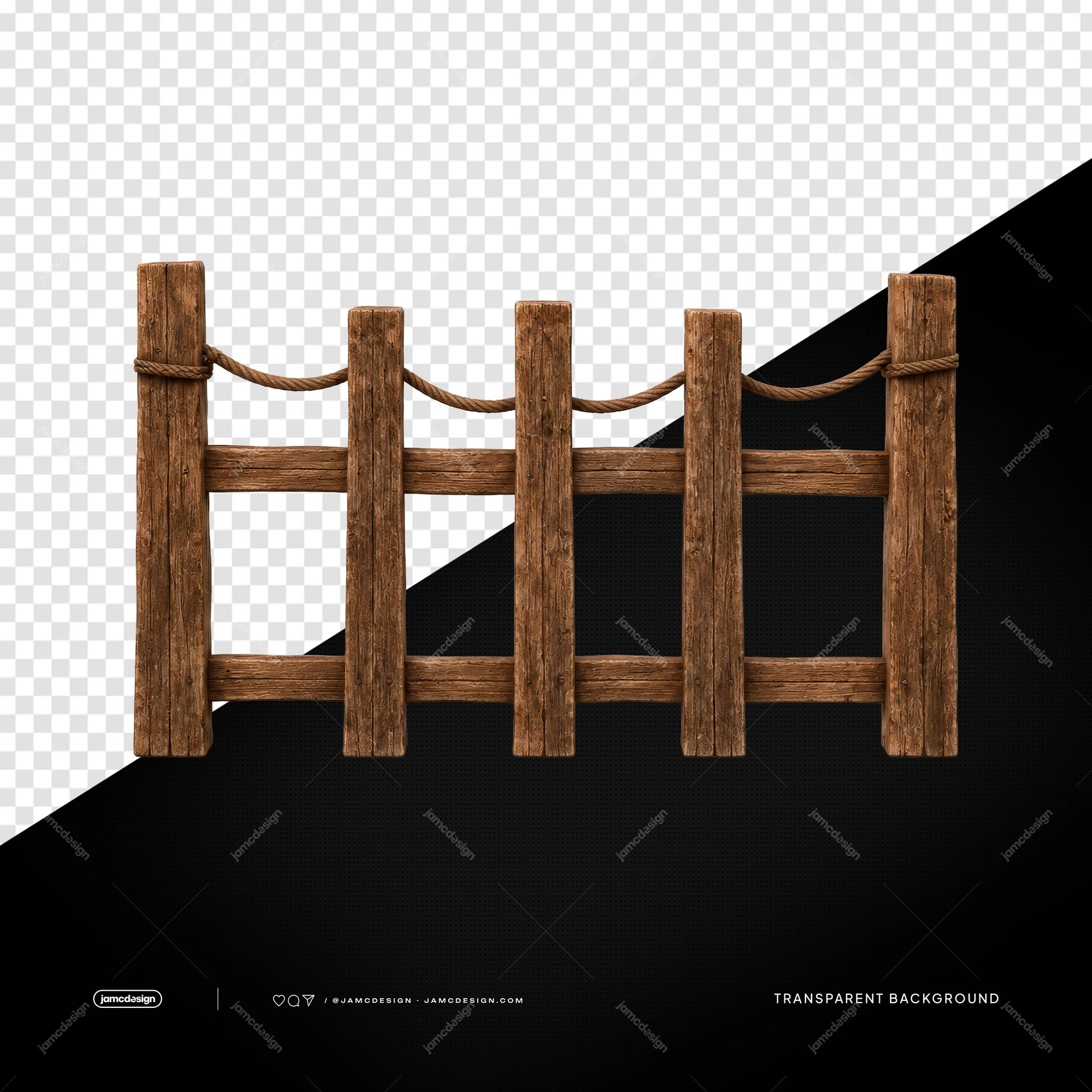Rustic Wooden Rope Fence Weathered Timber Posts PNG Transparent. Transparent PNG object featuring a rustic wooden rope fence with weathered timber posts