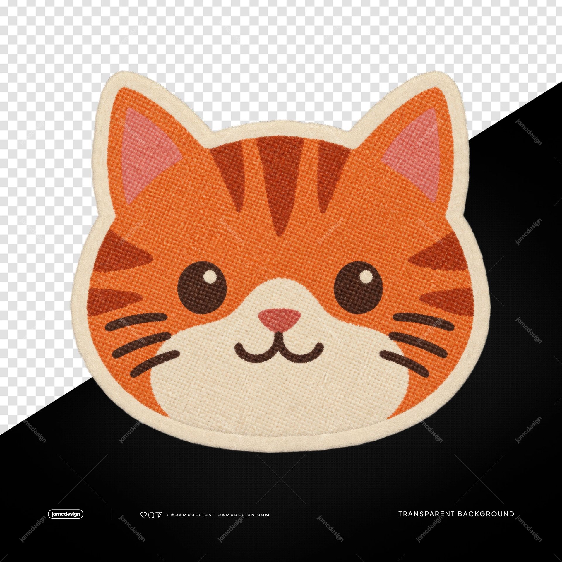 Parche Bordado De Cara De Gato Naranja PNG. Este PNG transparente presenta la cara de un gato naranja bordada como un parche de tela, con bordes color crema