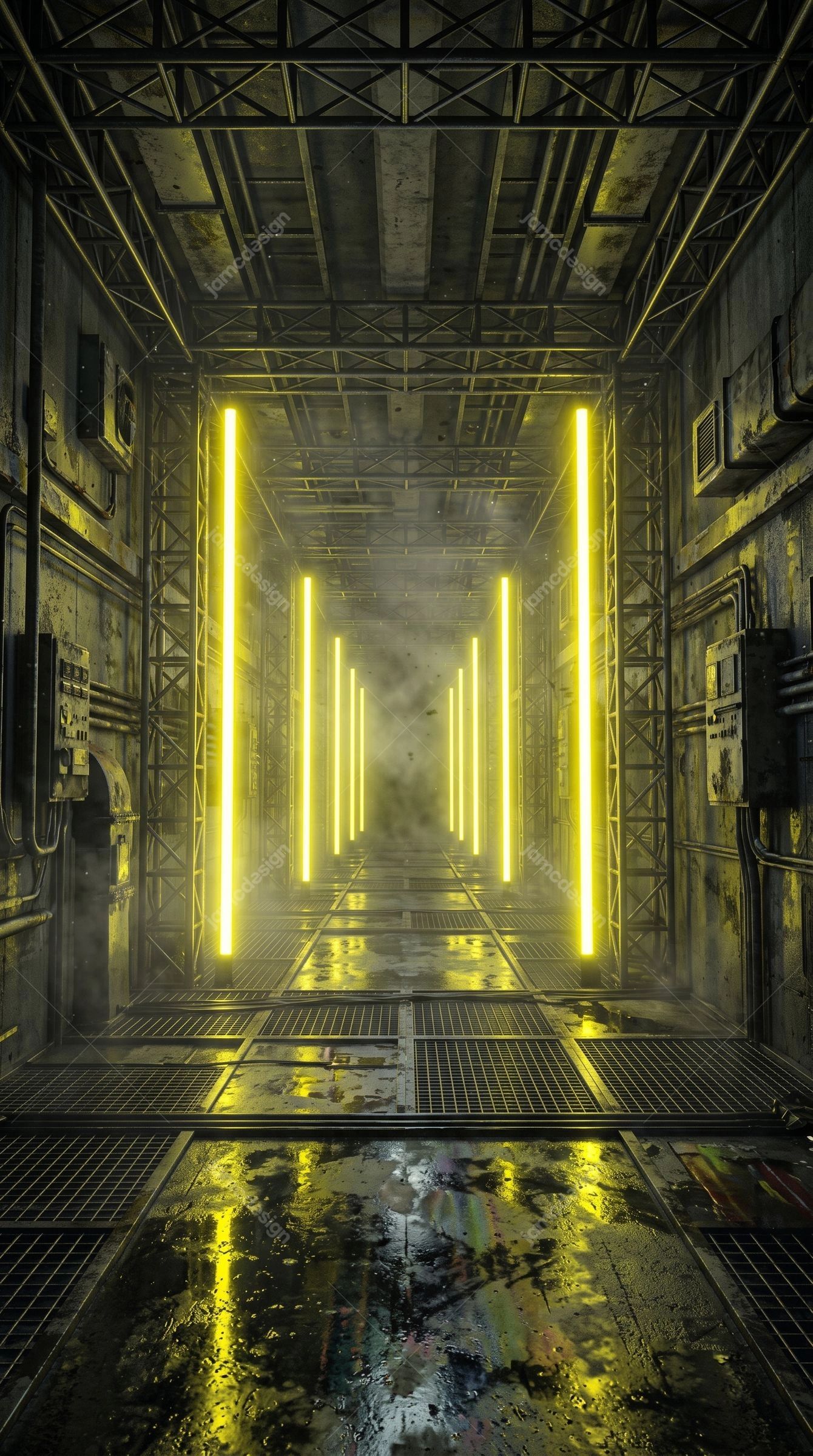 Dark Industrial Corridor With Wet Reflective Floor. Download this JPG background showing a dark industrial corridor with repeating yellow light bars