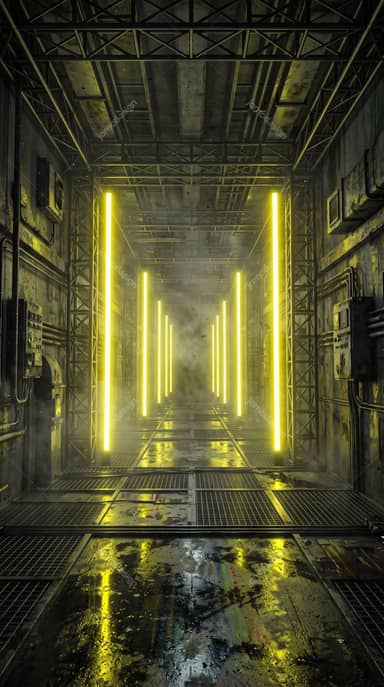 Dark Industrial Corridor With Wet Reflective Floor