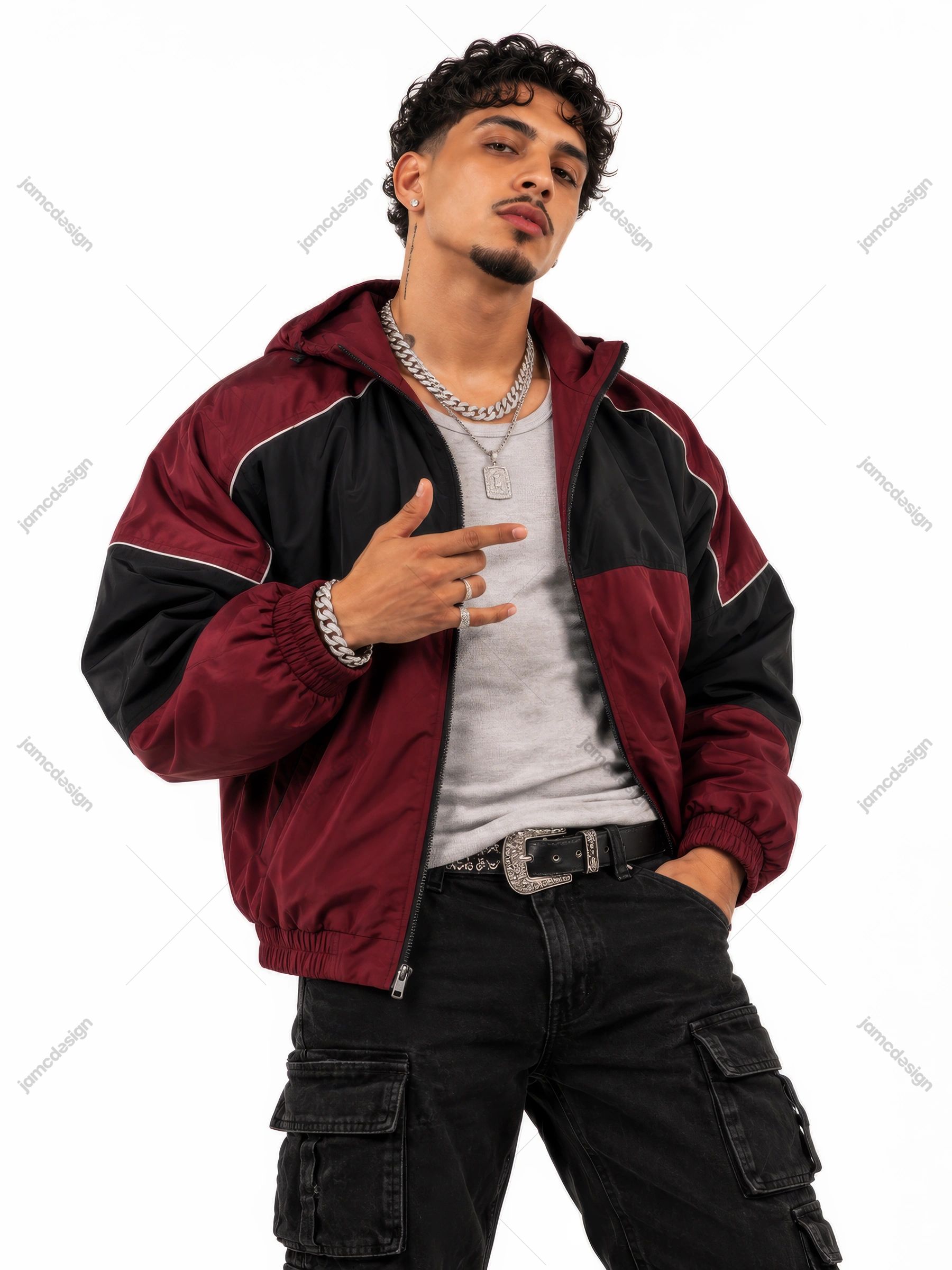 Young Man In Burgundy And Black Track Jacket PNG. Download this PNG photo of a young man in a burgundy and black track jacket