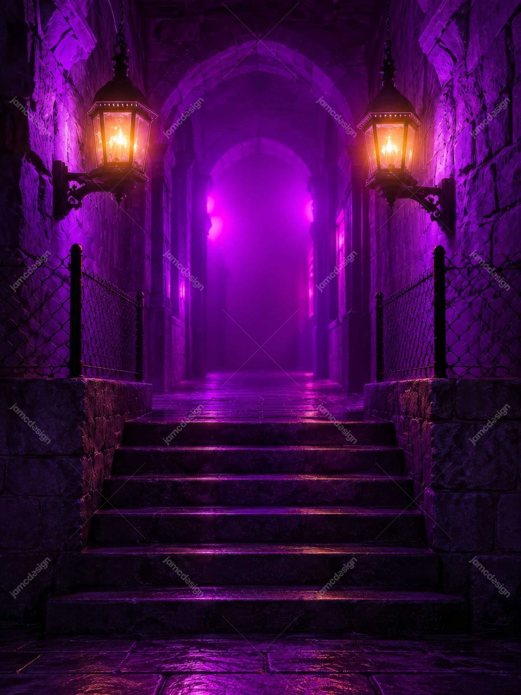 Purple Gothic Corridor Halloween Background. Download this PNG background showing a Gothic stone corridor with arched passageways