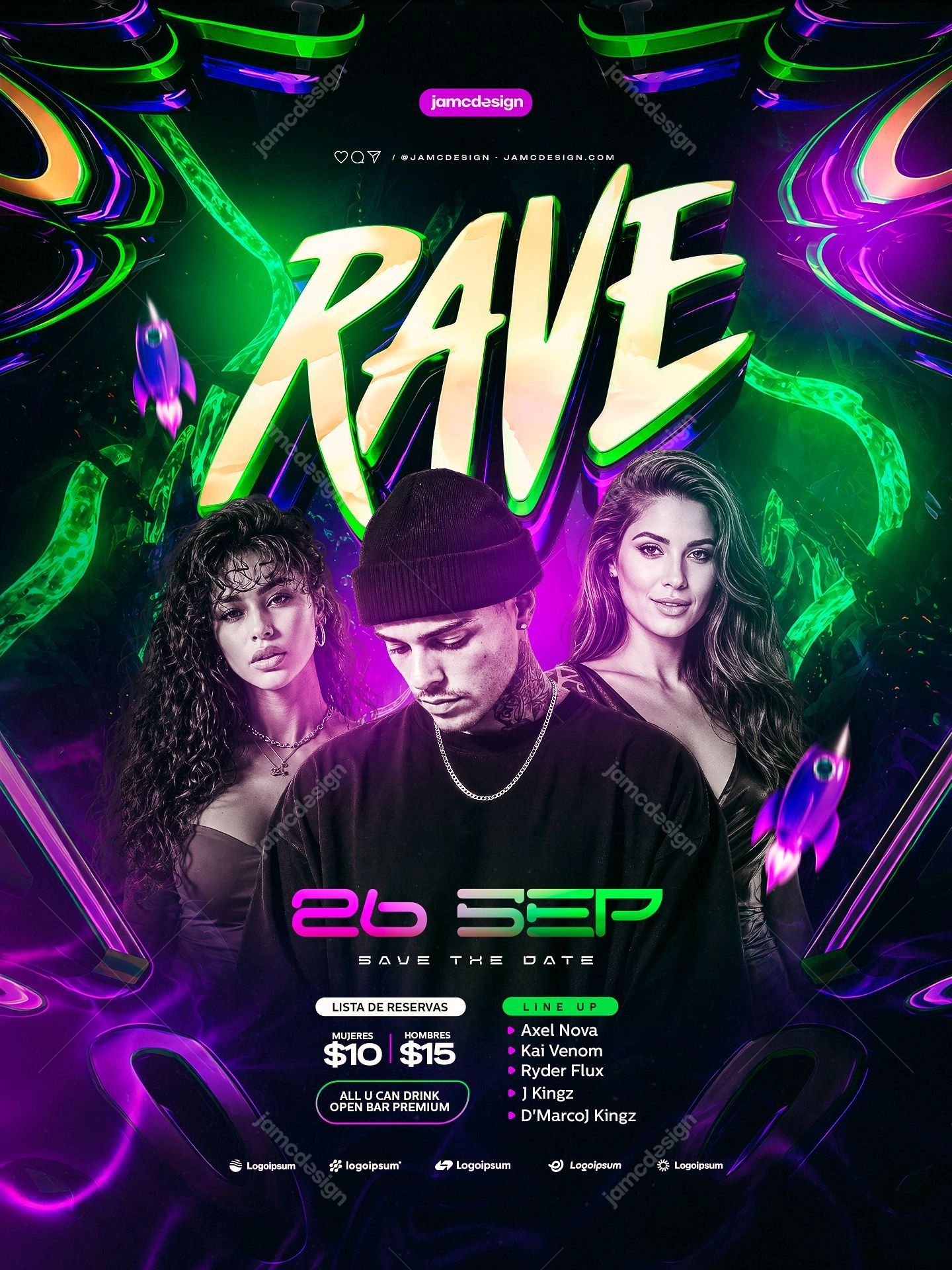 Modèle De Flyer De Soirée Rave Avec Silhouettes Et Néon Vert PSD. Modèle PSD modifiable pour un flyer d’événement de soirée rave