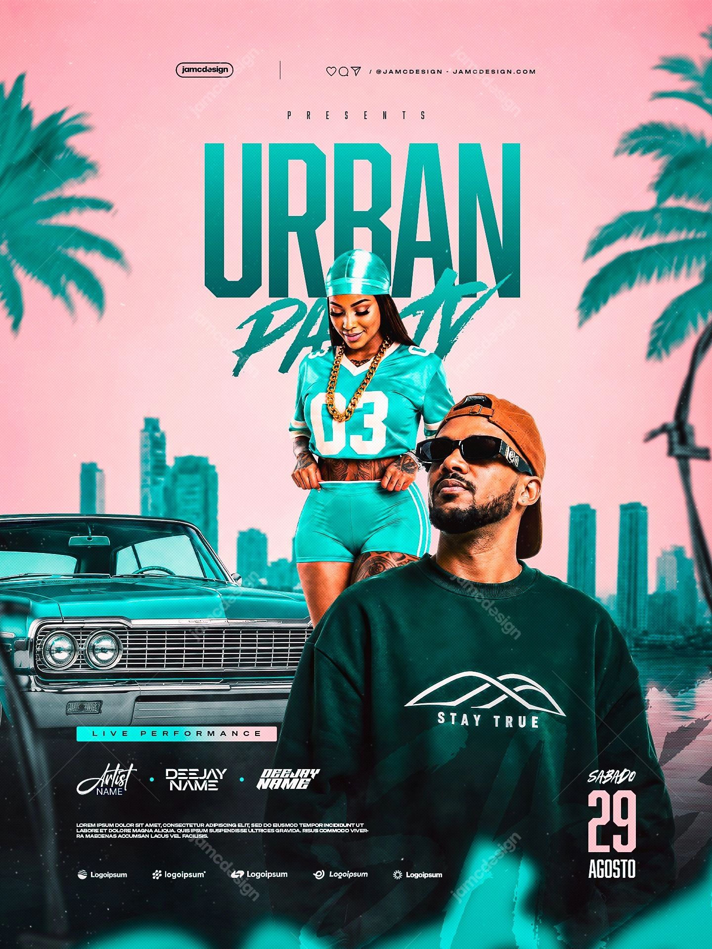 Urban Party Flyer Template PSD Editable. Editable PSD event flyer for an urban party, featuring a man and woman, a classic car