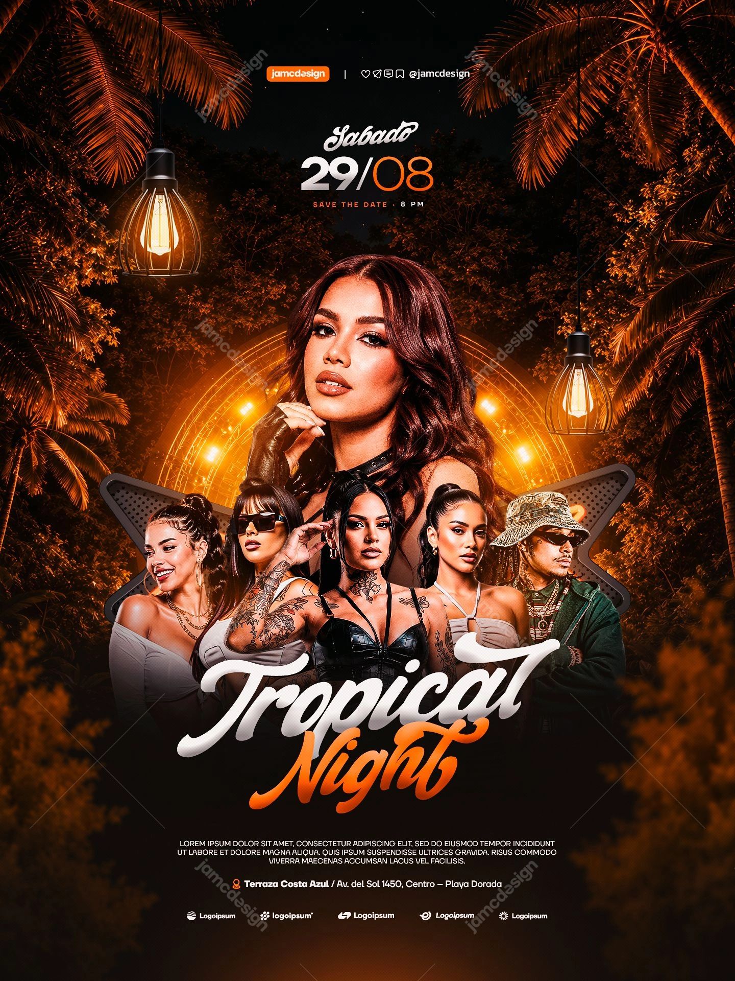 Tropical Night Amber Palm Models Event Flyer PSD. Editable PSD event flyer template for a tropical nightlife design, featuring women models, palm foliage