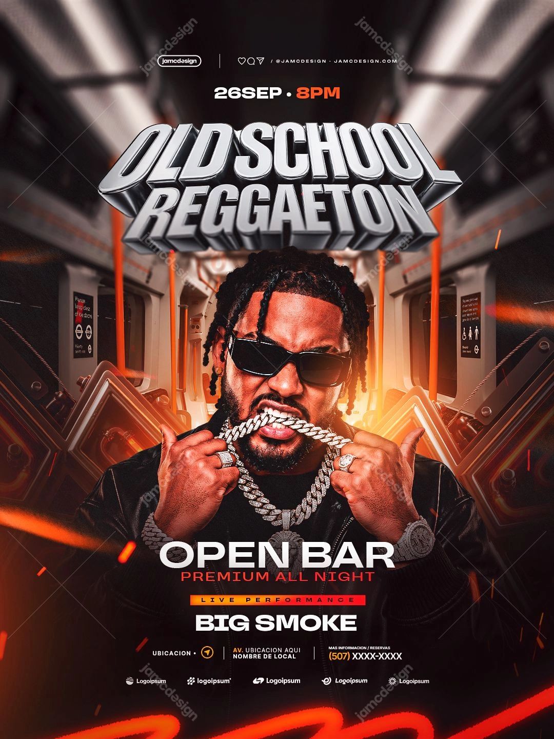 Old School Reggaeton Night Flyer Template PSD. Download this editable PSD event flyer for an old school reggaeton night, featuring a sunglasses wearing man