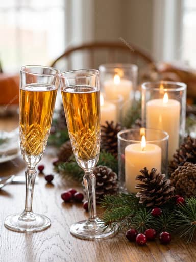 Sparkling Cider In Crystal Glasses For Thanksgiving