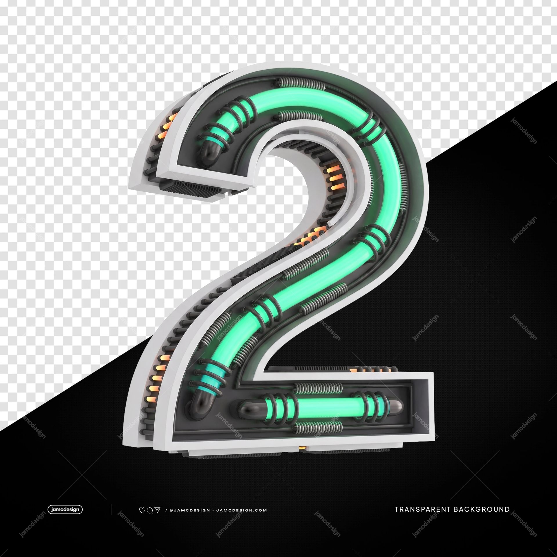 Número 2 Neón Industrial Futurista 3D PNG Fondo Transparente. Número 2 futurista en 3D suministrado como PNG con surroundings transparentes