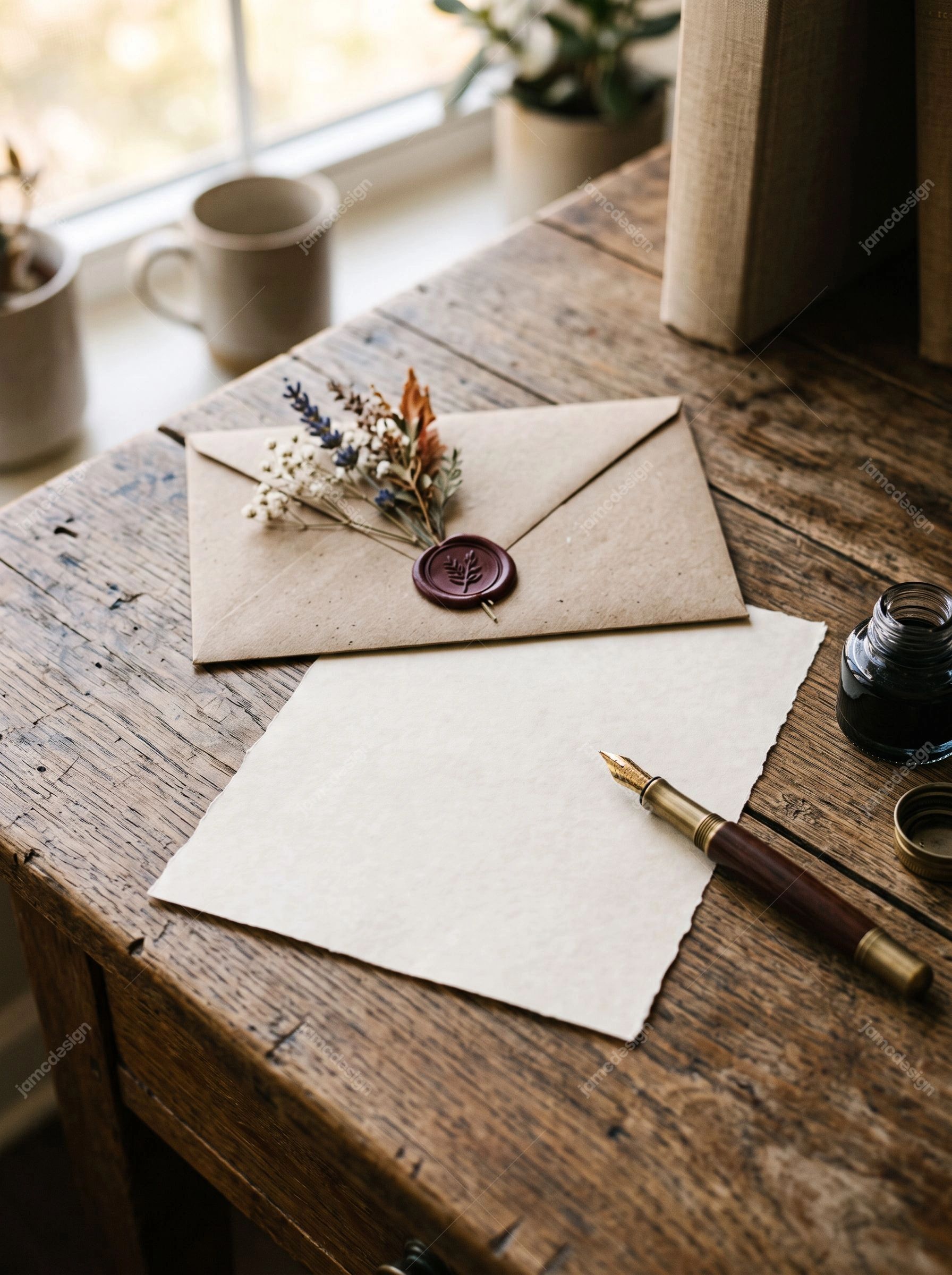 Elegant Writing Stationery On Rustic Wooden Desk. This JPG photo shows an elegant stationery flat lay on a rustic wooden desk, with an envelope, blank paper