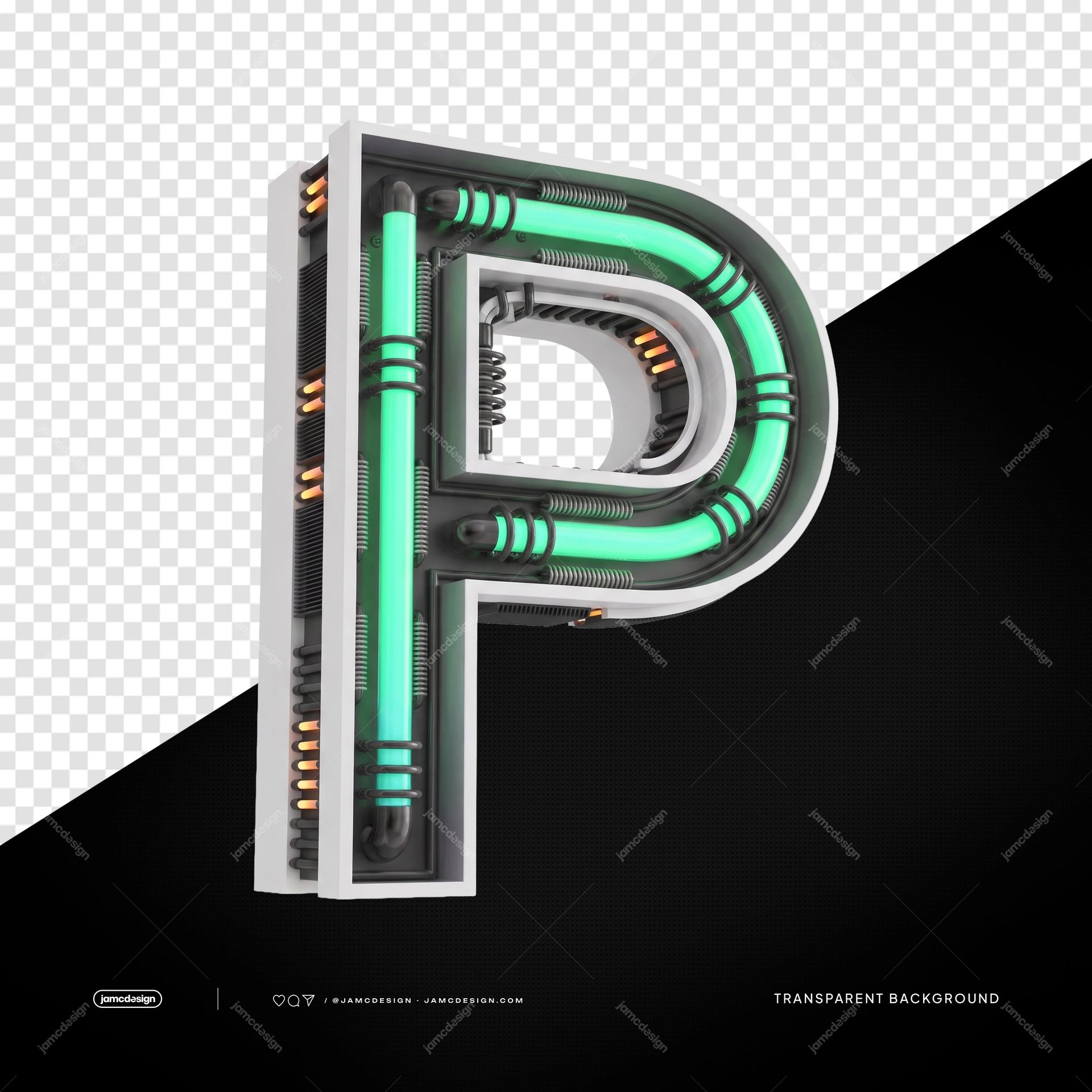 3D Futuristic Industrial Neon Letter P PNG Transparent Background. 3D industrial neon letter P supplied as a transparent PNG, with a metallic grey body