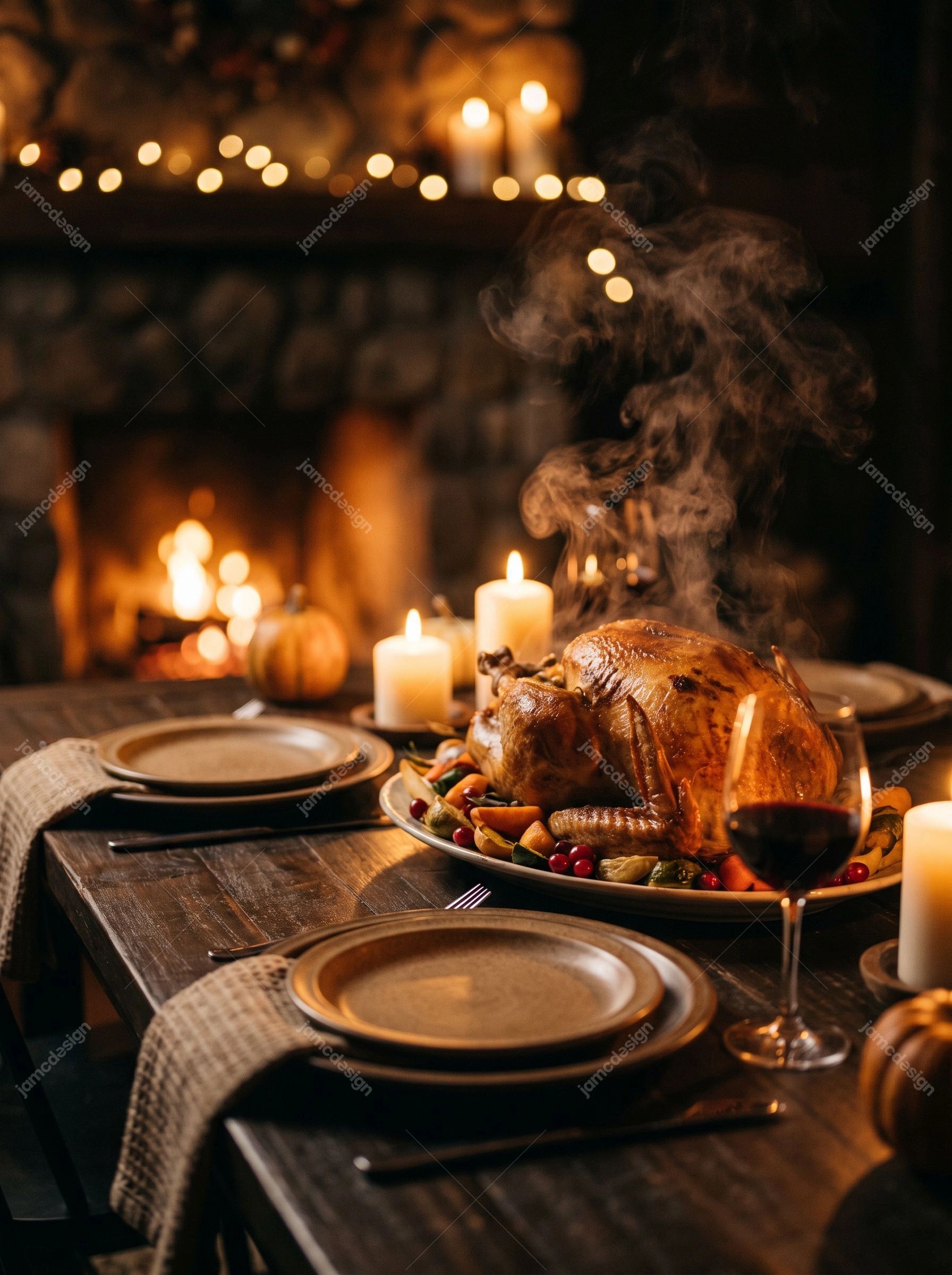 Roasted Thanksgiving Turkey With Seasonal Side Dishes. This JPG photo shows a roasted turkey with seasonal side dishes on a warmly set dinner table