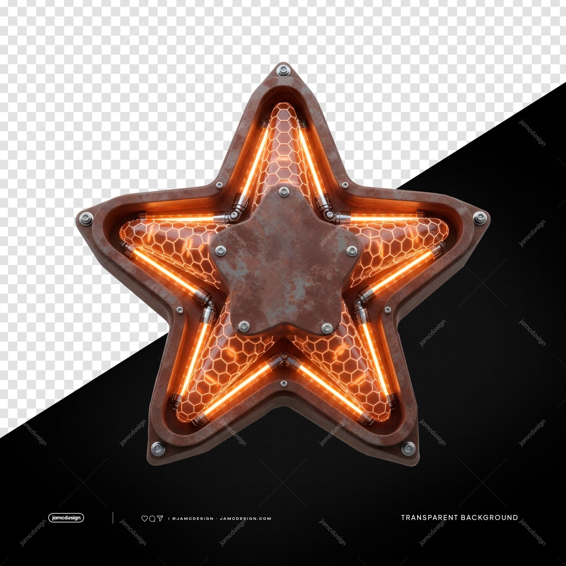 Five Point Orange Neon Star Light Rusty Honeycomb Lamp PNG Transparent. Transparent PNG object featuring a five point star lamp with a weathered metal frame
