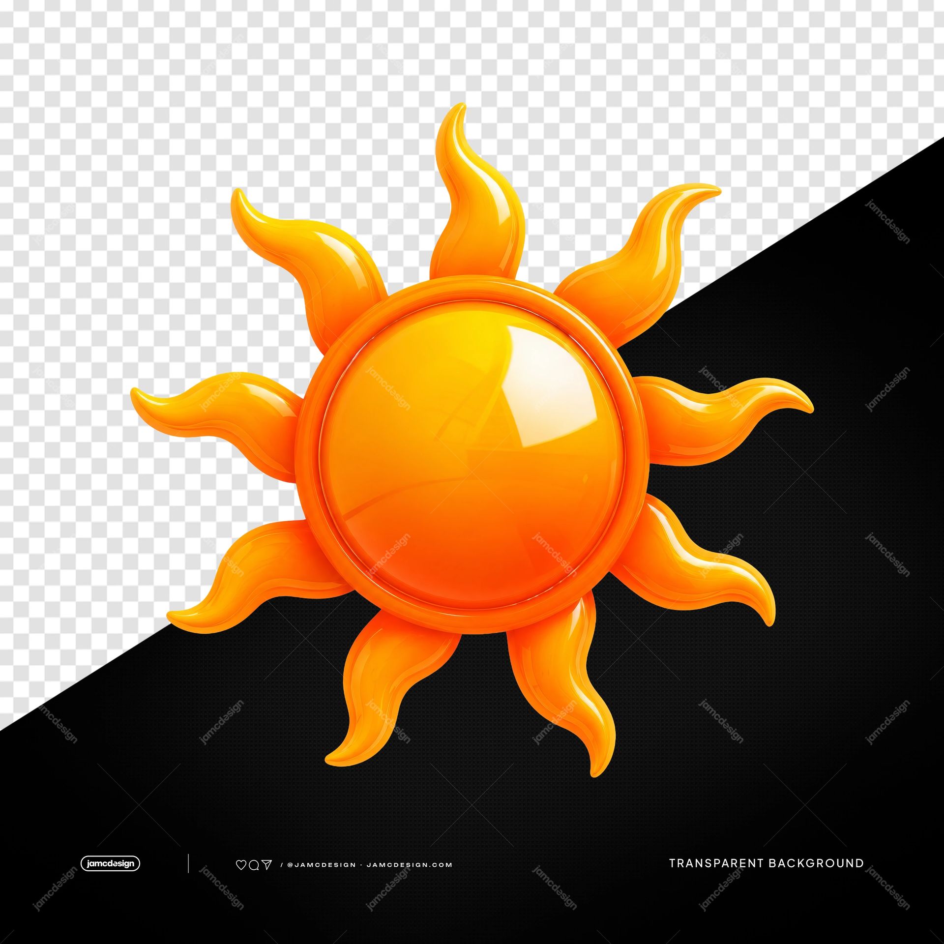 3D Glossy Sun With Curved Rays PNG Transparent Background. 3D rendered sun illustration on a transparent background