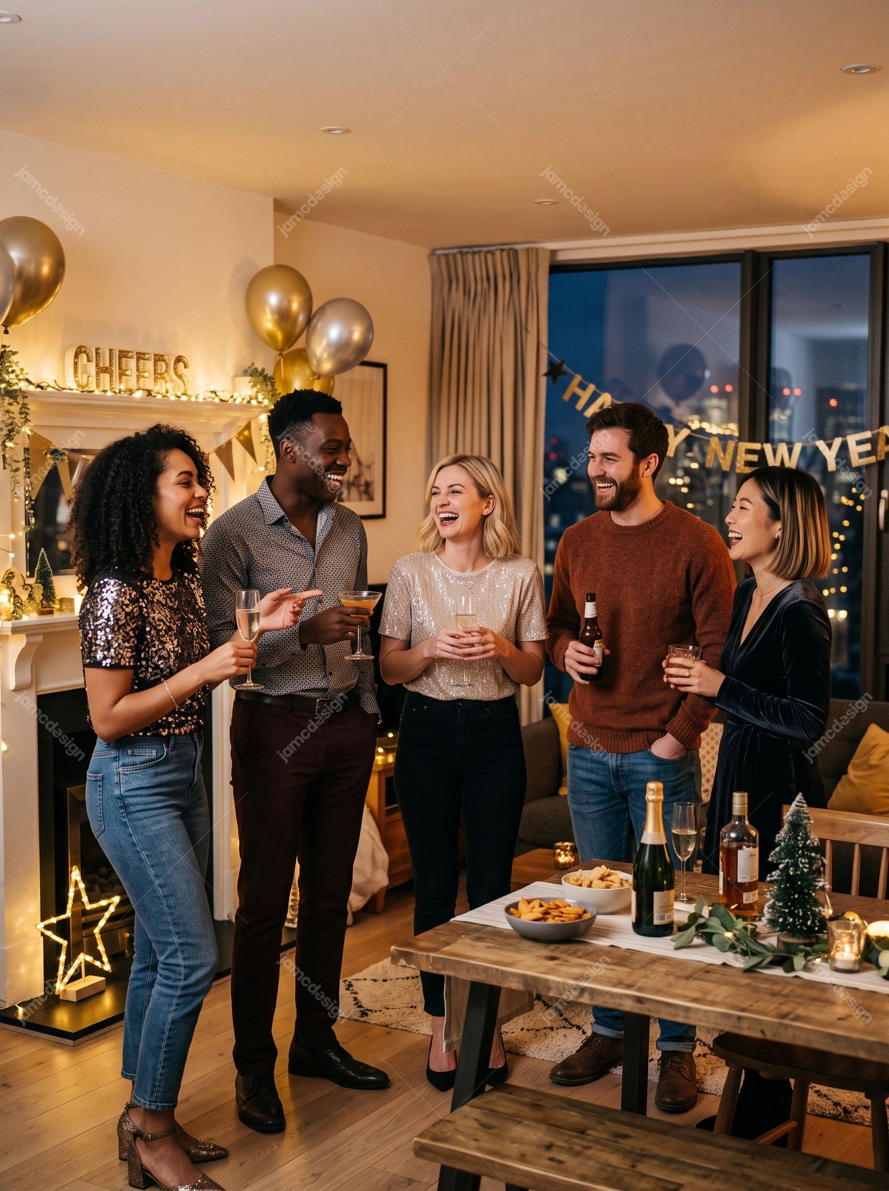 Friends Celebrating New Year At Home. JPG photo of five friends celebrating New Year at home, holding drinks around a decorated table in a warmly lit room