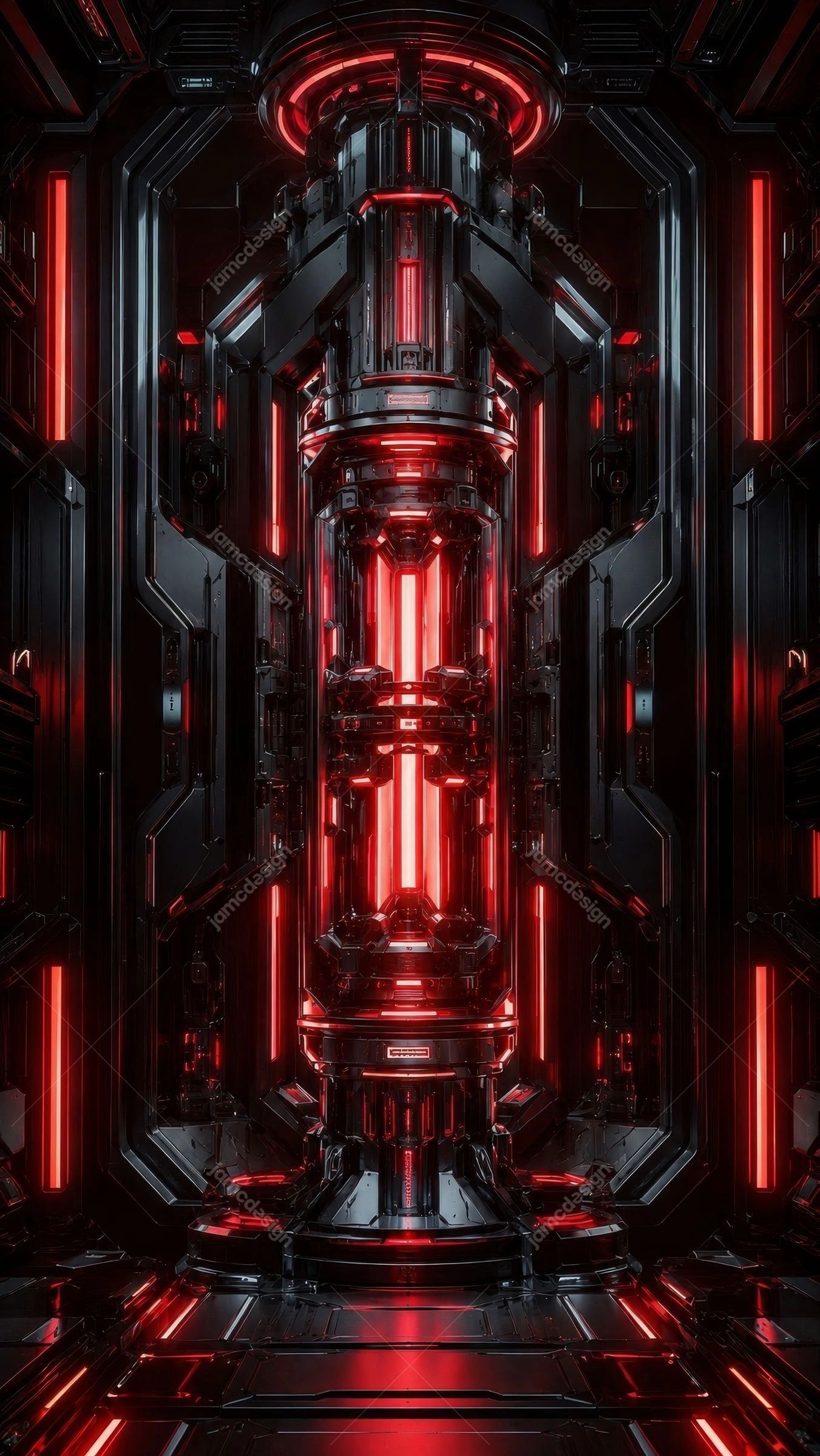 Fondo De Ciencia Ficción De Cámara De Reactor Con Neón Rojo. Fondo JPG que muestra un reactor cilíndrico dentro de una cámara industrial futurista y oscura