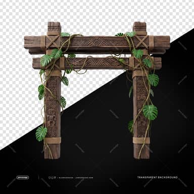 Portão Tribal Tropical De Madeira Entalhada Com Trepadeiras PNG